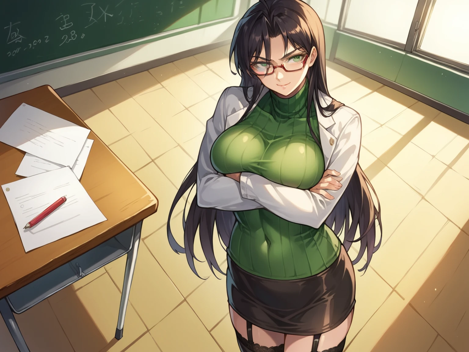  score_9,  score_8_above,  score_7_above, source_anime BREAK 1girl, Alone,  gunman shot ,  detailed background , Chisato SDXL ,  Black hair,   long hair,  green eyes, glasses, glasses de montura roja, Santa&#39;s dress, Covered navel, garters, mini skirt, black flick,  Big Tits,  seductive smile, classroom, Sunlight, inside,  mature woman , at the table,  session,  oblique , crossed arms,