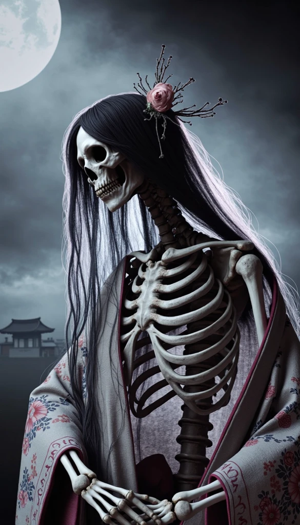 In a desolate park with a misty background, there is a skeleton wearing a white kimono. The skeleton has long hair and is in a pose that makes it look like it is about to move.
