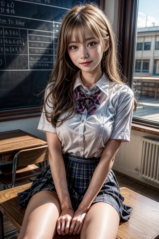 Highly detailed CG Unity 8K wallpaper, With the highest quality, super detailed, Master Piece, Realistic, photograph realistic, extremely detailed cute girl, 25 years old ,(school uniform, masturbation , squirter), large breasts, thigh, smile , Round eyes,, looking viewer, Half body shot ,classroom