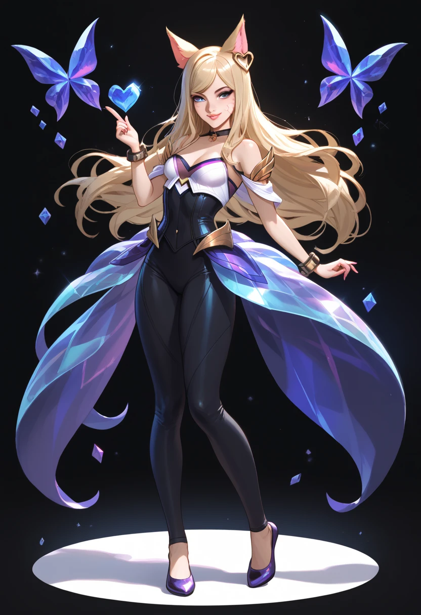 ((full body shot, standing, feet on the ground)) KDA Ahri LoL PD, ((character design sheet)), masterpiece, best quality, highly detailed, score_9, score_8_up, score_7_up, score_6_up, anime font,BREAK , 2girl, long hair, blue eyes, flower, hair bow, small breasts, bow, looking at viewer, freckles, parted lips, smile, full body, red lips, lips, leather ballet slippers, side front, she looks at you, your gauze hurts, fishnets, white background, neutral cast, dance pose
