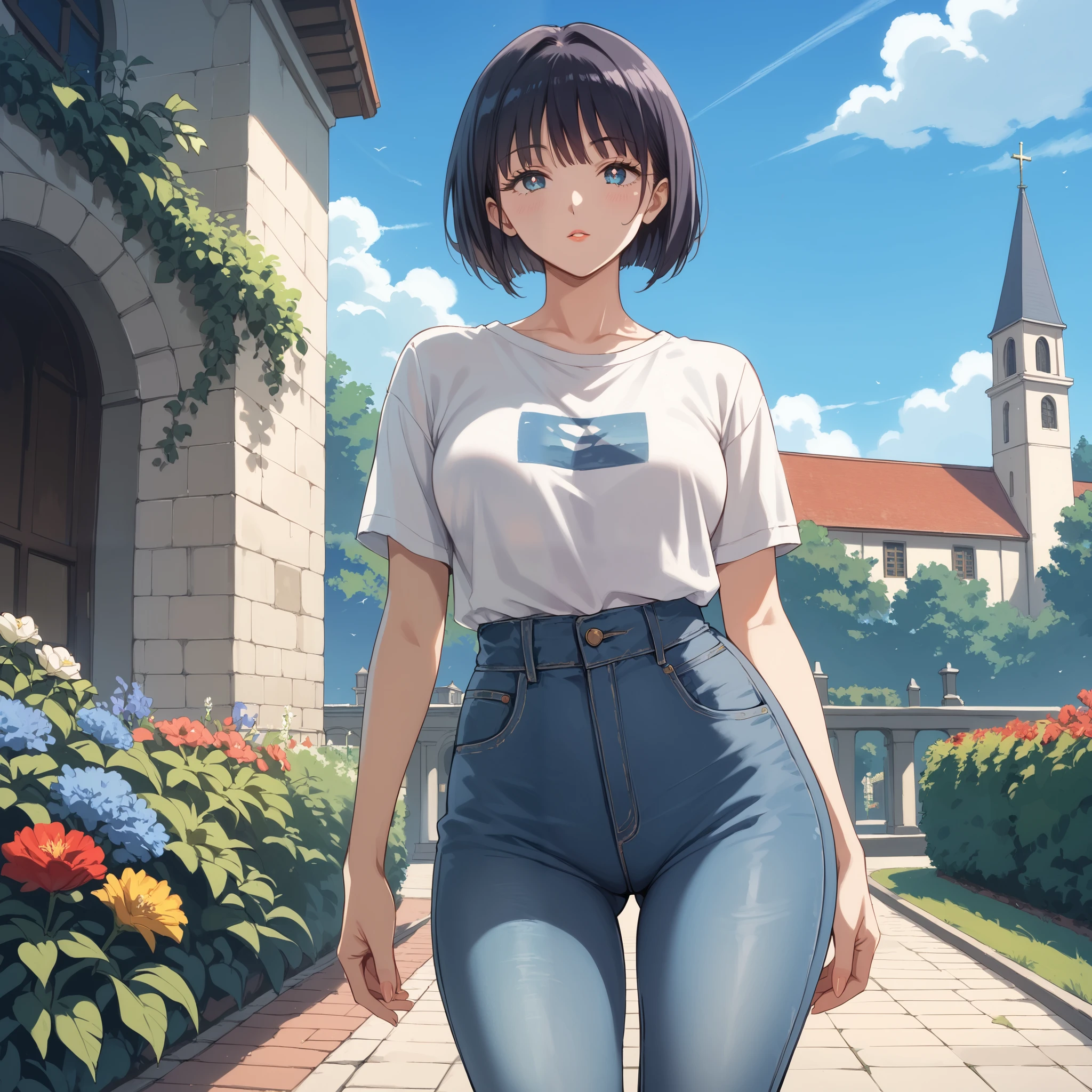 score_9, score_8_up, score_7_up,1girl, (((front view))), short girl, (((((fair skin))))), perfect beautiful face, long eyelashes, sharp eyes pupils, dark hair, bob cut hair, long legs, smaii breasts, white t-shirt, blue jeans, slim waist, massive round ass, (outdoors, day, blue sky, garden, church) / standing, seductive face, look at viewer, 80swa