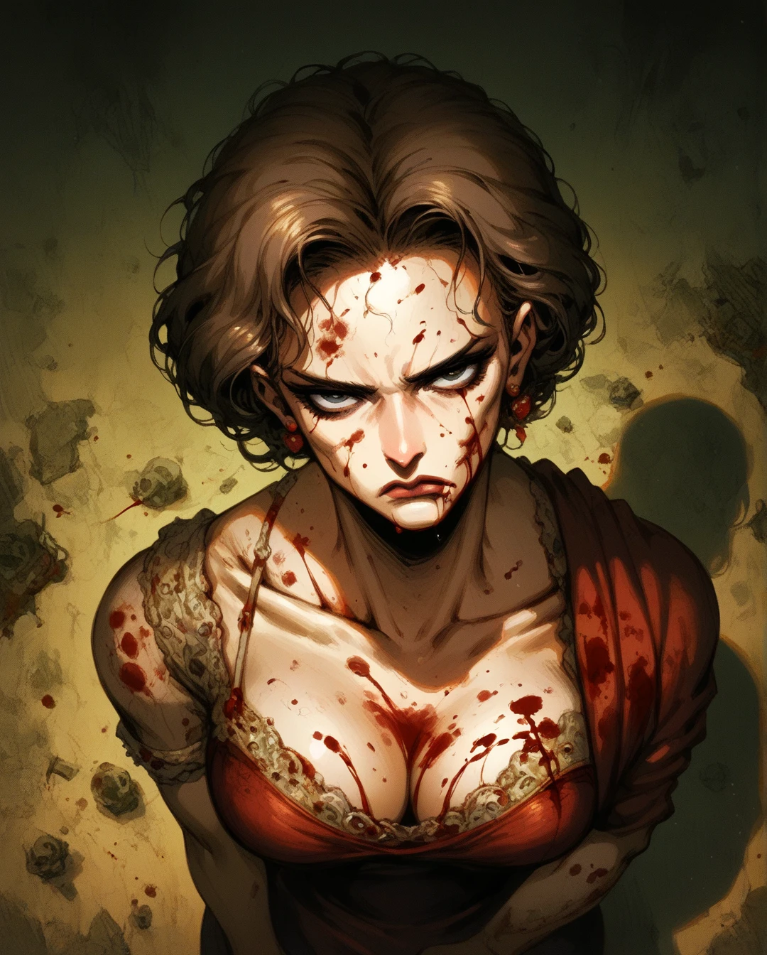  score_9,  score_8_above,  score_7_above, woman without arm ,  mutilated right arm, blood,  look of pain , apocalyptic background, mature woman , ((elegant)), (((serious tone))), futuristic, [ blows to the face ], sweat,  dramatic lighting, shadow,  viscera, hecatombe , Trauma. 