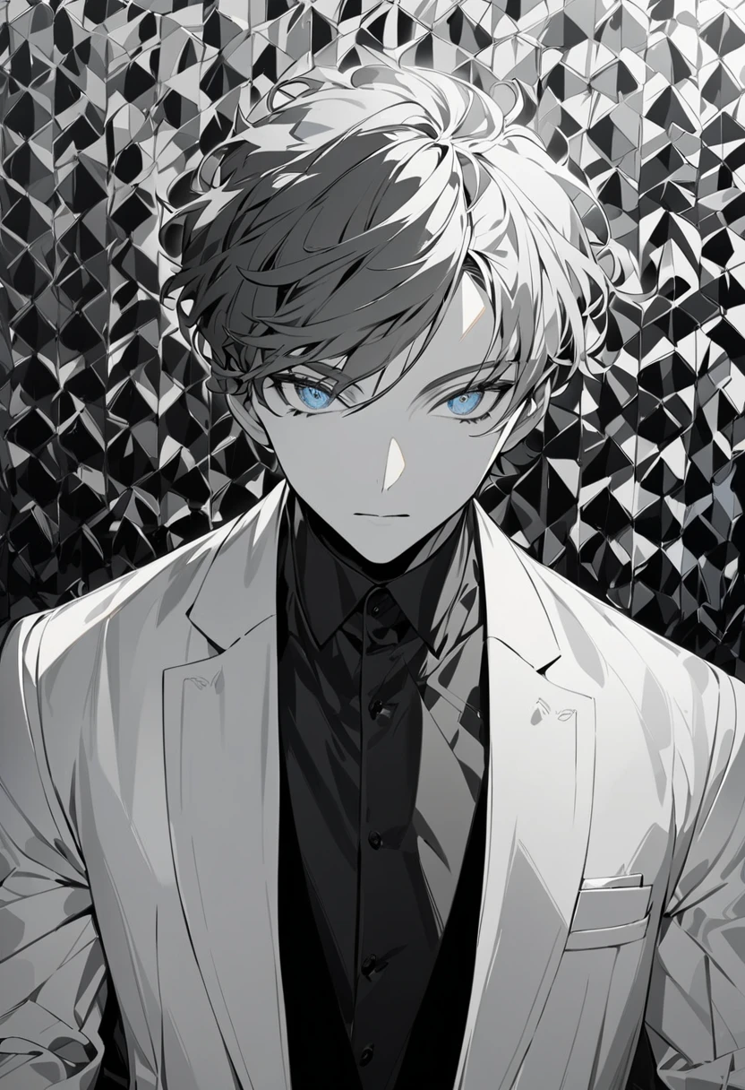  A male character with short hair and gray ,  in a completely monochrome color palette ,  composed only of shades of gray and white .  His appearance is elegant and minimalist ,  with soft detailed features and expressive eyes in light gray .  He wears modern and stylized clothes , like a suit with geometric details, maintaining the monochrome style .  The lighting highlights the contrasts between the different shades of gray,  creating a dramatic and artistic effect .  The background is simple ,  in white or gray ,  to keep the focus on the character ."