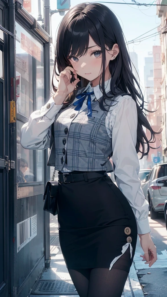 One Woman, alone, alone Focus, Cowboy Shot, Portraiture,Beaver,((Black Hair)), Very beautiful eyes, work, (Small TI quality, Very detailed,uniform,(((Skirt Lift)))