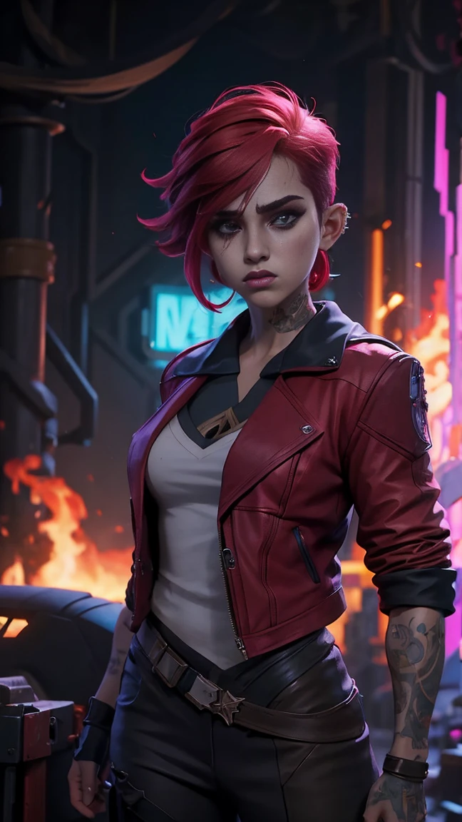 Us de arcane,, uma mulher com redhead,  Cyberpunk Woman Anime , pants,  Beautiful angry cyberpunk goddess , Cyberpunk art style,  digital art place of cyberpunk anime , cyberpunk anime art, arcane, Us Retrato, Us de arcane. Garota de redhead, chica con pants marrones, white blouse,  dark red leather jacket , cyberpunk anime art,  cyberpunk-themed art ,  Dark Fantasy Cyberpunk , estilo arcane, 1 girl, redhead e curto , short hair, garota de redhead,  short hair , Place on fire, camisa blanca,  dark red leather jacket , sideways,  girl on an abandoned street , redhead,  short hair ,  green eyes,  pink lips, standing,  ultra detailed, obra prima,  quality. Us de arcane. Garota de redhead, chica con pants marrones, white blouse,  dark red leather jacket , Us de arcane em um Place on fire, Spark - to spark, spheres of light ,  movie poster, Us de arcane, arcane\( League of Legends ) Us, Us de arcane em uma cidade abandonada,  Everything is burning , fire everywhere