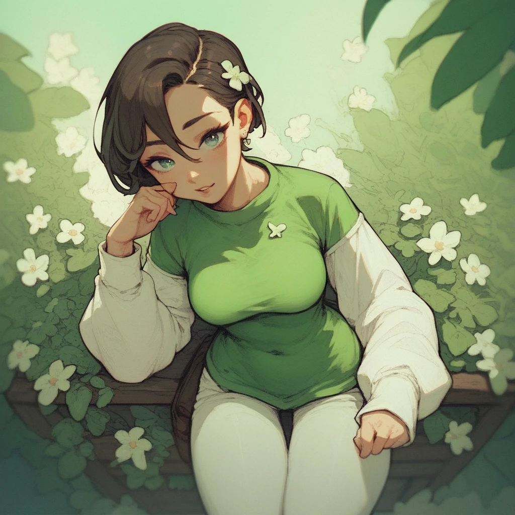 Solo, 1girl, Breasts, green shirt, long sleeves, white sleeves, white pants