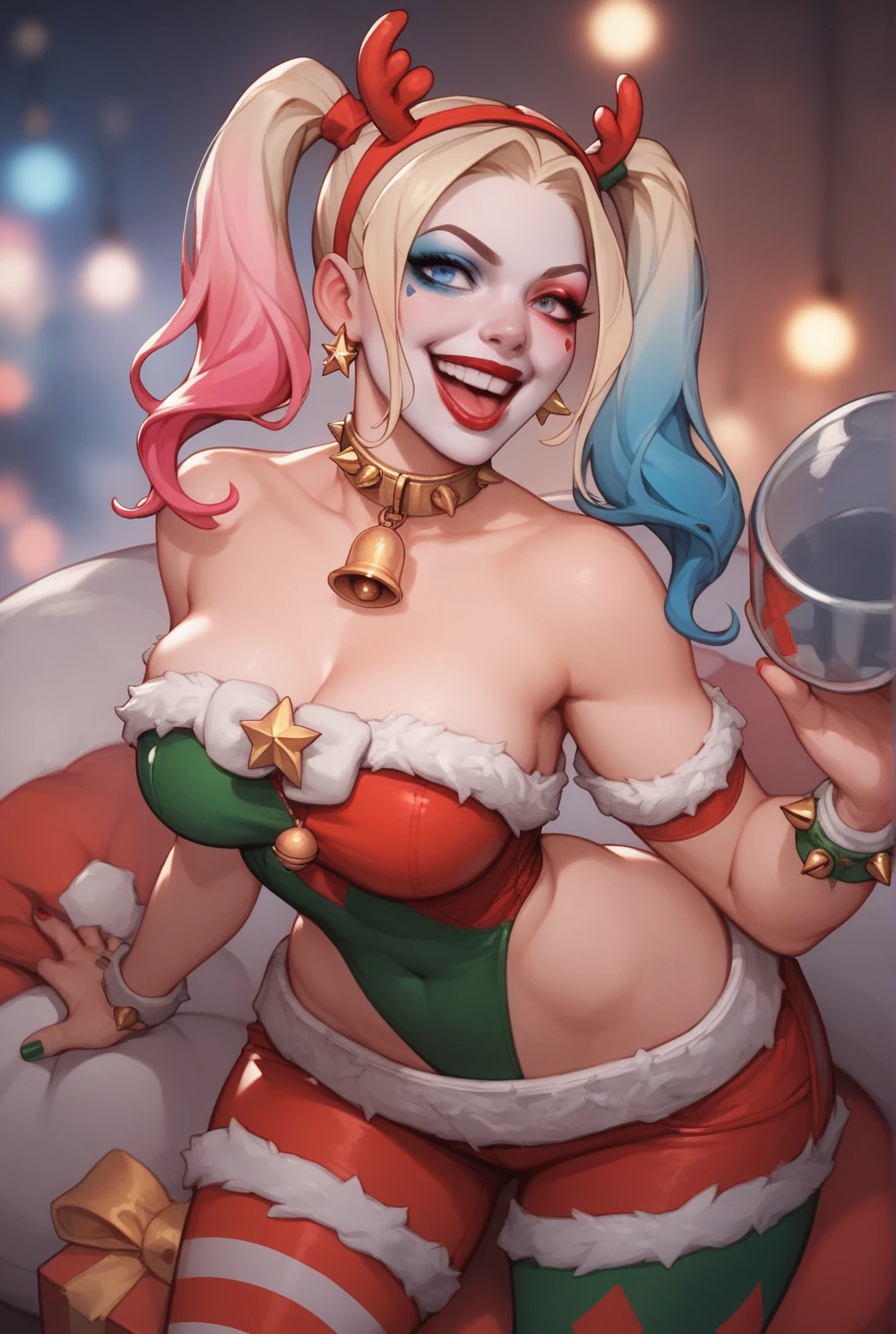 Blonde polar bear girl, wearing a Christmas tube top, perfect face, blue eyes, medium breasts, cleavage, three-quarter view, solo, smile, perfect detailed body, red lipstick, gold earrings, slim waist, wide hips
