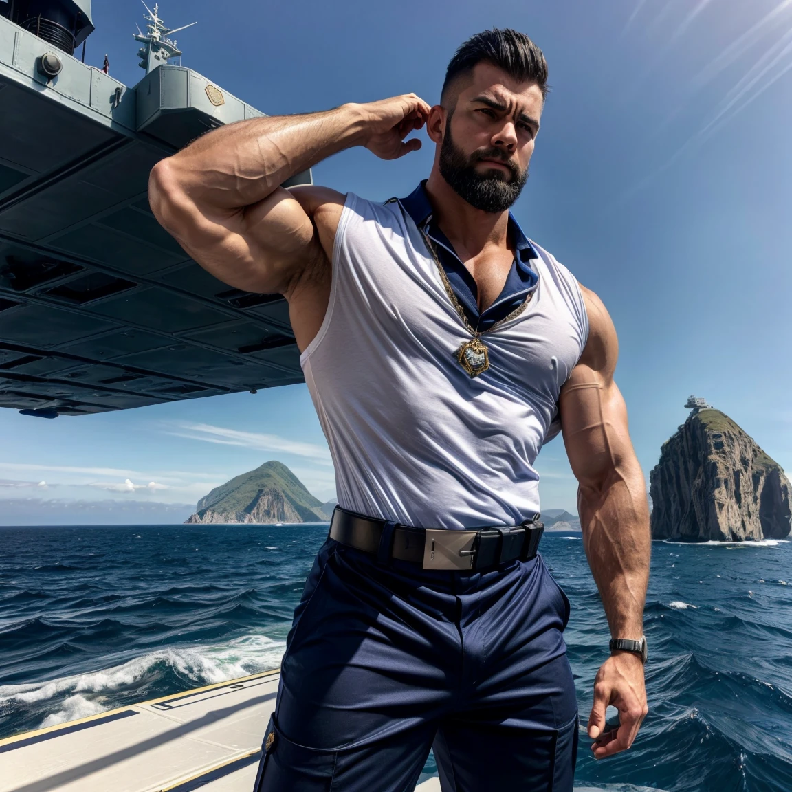 masterpiece, best quality, high resolution, closeup portrait, male focus, solo focus, A man, with sailor clothes, bare chest, body hair, facial hair, muscular, sailor hat, , in the background a boat, amazing composition, front view, HDR, ultra quality, elegant, highly detailed