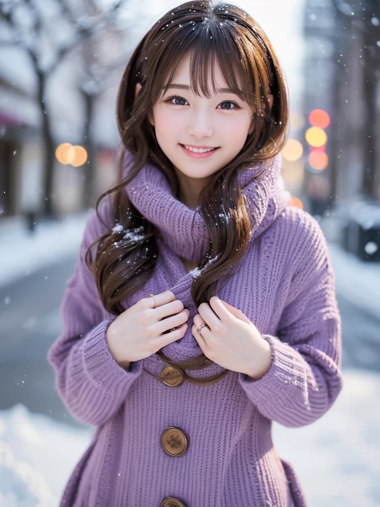 (Winter date ), ((Cute idol style outfit for a very cold day:1.4)), View the viewers, Japanese female university student, ( one woman:1.2),  she's so beautiful ,  pubic skin,  perfect face,  cute and symmetrical face with water up to the chest,  light brown hair ,  Medium Hair ,  wavy hair ,  hair gathered together in purple fabric, makeup, Beautiful Hair,  beautiful face,  Beautiful Attention to Details,  Beautiful Fingers , (On a snowy street corner), (Cute Smile), With open arms, ( realistic ,  as real as in the picture :1.4),  very detailed,  shallow depth of field ,  perfect anatomy, Perfect limbs, perfect hand,  perfect eyes,  Perfect Body , smile,  double eyelids , ( Natural Lighting ,  movie lights),