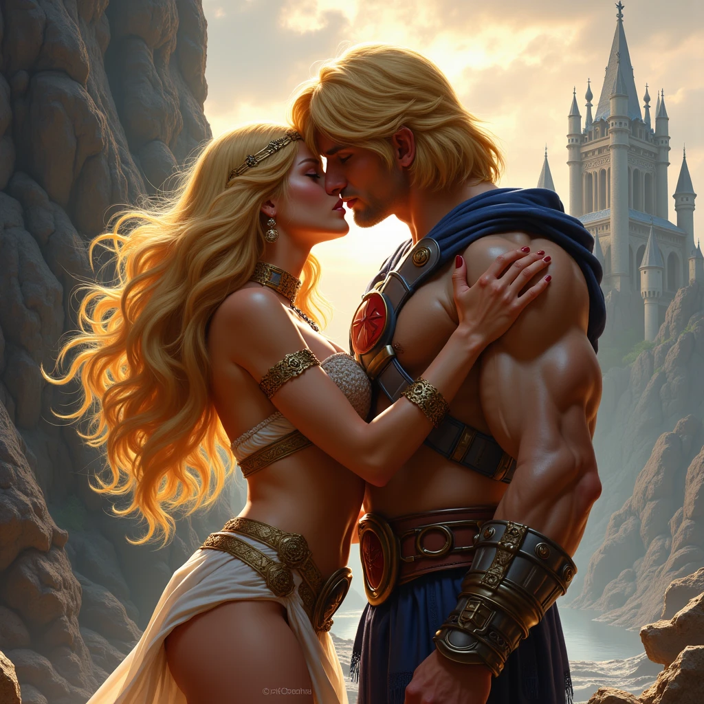 18 year old male, red hair and thin body, kissing another man with long, platinum hair, muscular and hairy body, at a waterfall while being watched by a 12th century knight
