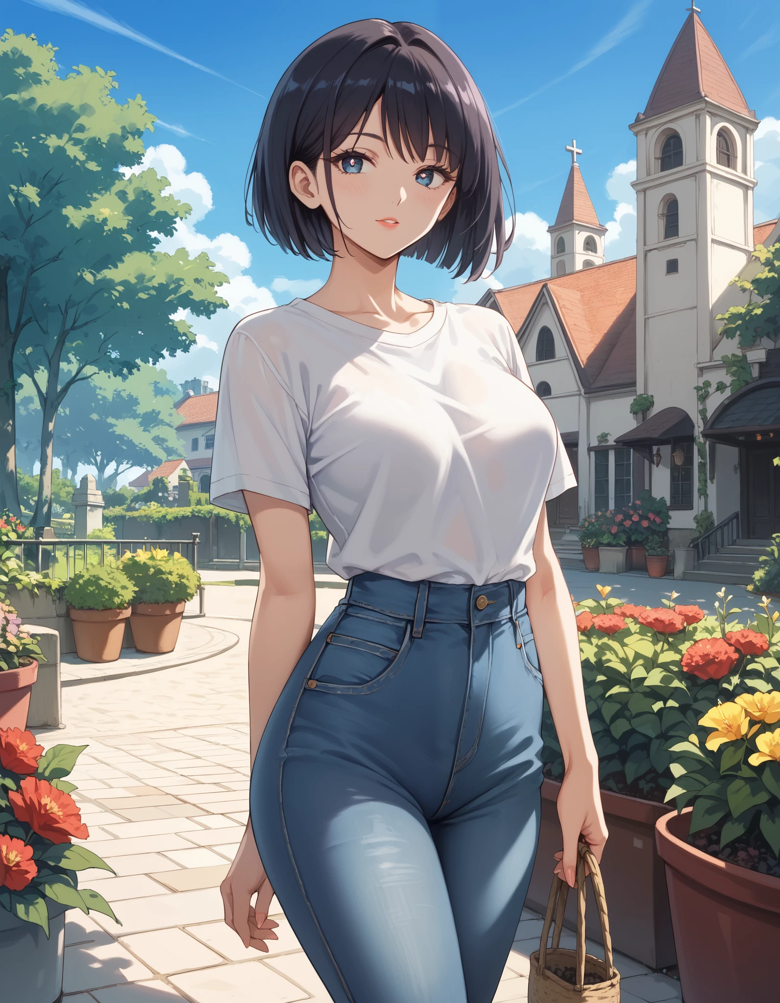 score_9, score_8_up, score_7_up,1girl, short girl, (((((fair skin))))), perfect beautiful face, long eyelashes, sharp eyes pupils, dark hair, bob cut hair, long legs, smaii breasts, white t-shirt, blue jeans, slim waist, massive round ass, (outdoors, day, blue sky, garden, church) / standing, seductive face, look at viewer, 80swa