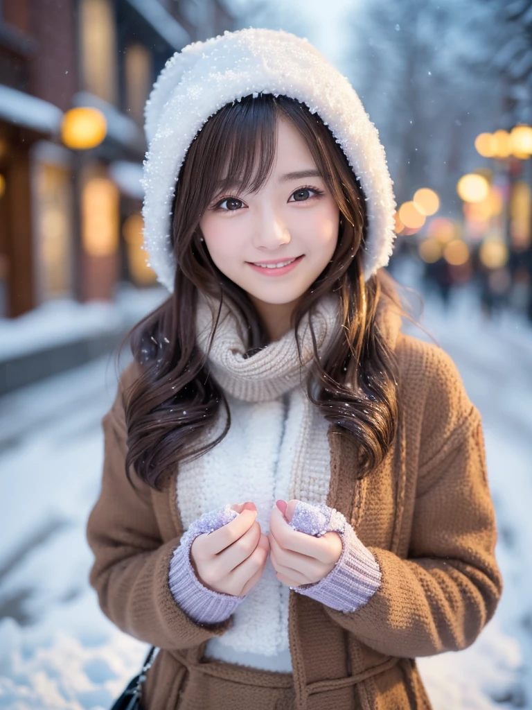 (Winter date ), ((Cute idol style outfit for a very cold day:1.4)), View the viewers, Japanese female university student, ( one woman:1.2),  she's so beautiful ,  pubic skin,  perfect face,  cute and symmetrical face with water up to the chest,  light brown hair ,  Medium Hair ,  wavy hair ,  hair gathered together in purple fabric, makeup, Beautiful Hair,  beautiful face,  Beautiful Attention to Details,  Beautiful Fingers , (On a snowy street corner), (Cute Smile), With open arms, ( realistic ,  as real as in the picture :1.4),  very detailed,  shallow depth of field ,  perfect anatomy, Perfect limbs, perfect hand,  perfect eyes,  Perfect Body , smile,  double eyelids , ( Natural Lighting ,  movie lights),