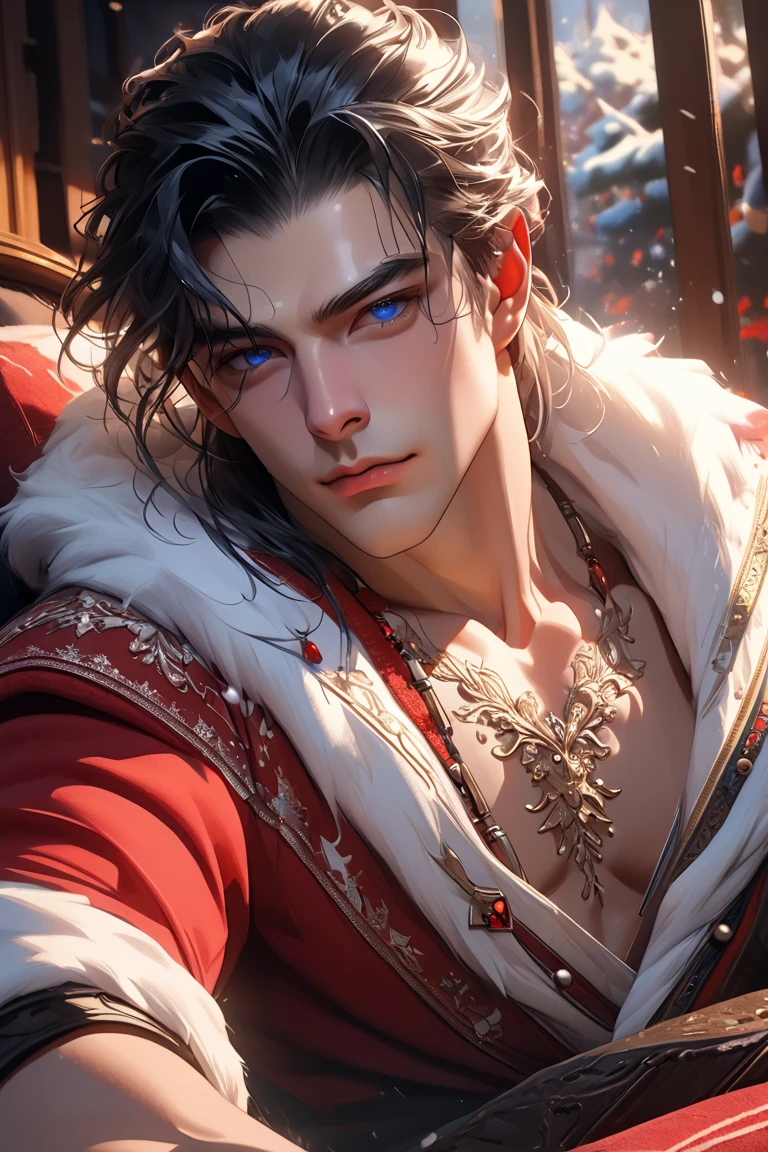 (((masterpiece))), (8k), (pseudo realism), (intricate details), (full focus), 1male, muscular (1.6), bright blue eyes with shining highlights, long and black hair, pale glow on hair, fair skin, red santa claus outfit with sleeves rolled up to elbows, living room background, soft light focus, soft gaze, soft features, realistic, snowflakes floating around, view from torso, sitting on a black sofa armrest, (EyesHD: 1.5), (masterpiece), (best quality), (ultra-detailed), (very aesthetic), (sharp focus), (depth of field), (vibrant colors), (ray tracing), (best lighting), detailed illustration), (detailed background), 8k, (cinematic), (beautiful face), (beautiful eyes), realistic facial features, detailed features, realistic features, defined features, detailed hair, semi-realistic style, semi-realistic, attractive features, masculine, dark colors, dark lighting, painted style, detailed style