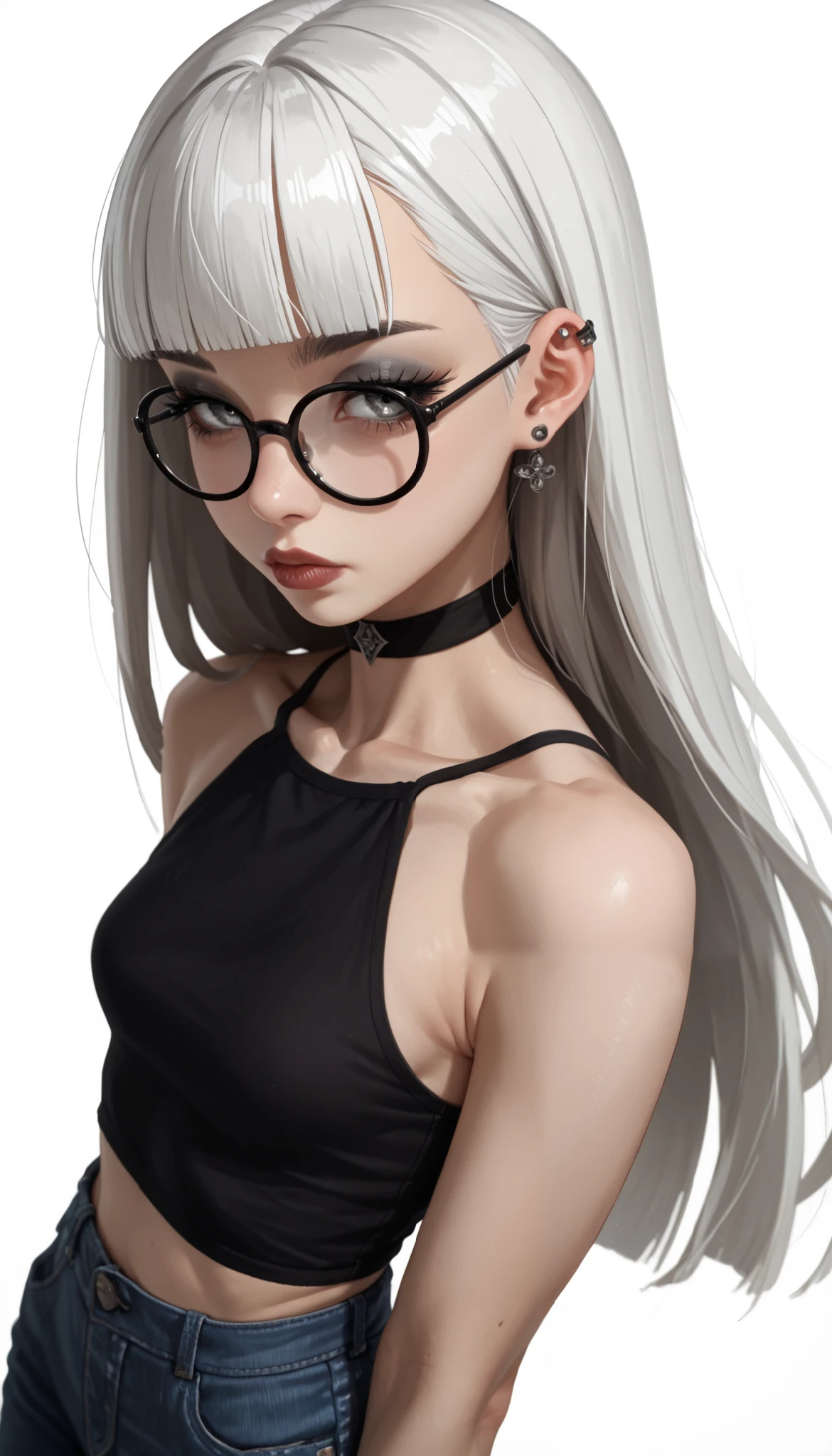 (zPDXL2), (PonyXLV6_Scores), source_anime, Expressiveh, BREAK
Inhata4564, 
1girl, white hair, hime-cut hair, straight hair, long hair, grey eyes, thick lips, small, long eyelashes, half-closed eyes, black-framed eyewear, round eyewear, black choker, blunt bangs, adult, black eyeliner, ear piercing, black lips, grey eyeshadow, looking at viewer,
BREAK
solo, standing, small breast, adult, skinny, from above, arched back, thigh gap, black top, blue jeans,
BREAK
(white background:1.2), simple background, dynamic pose, dynamic angle, angled shot, 