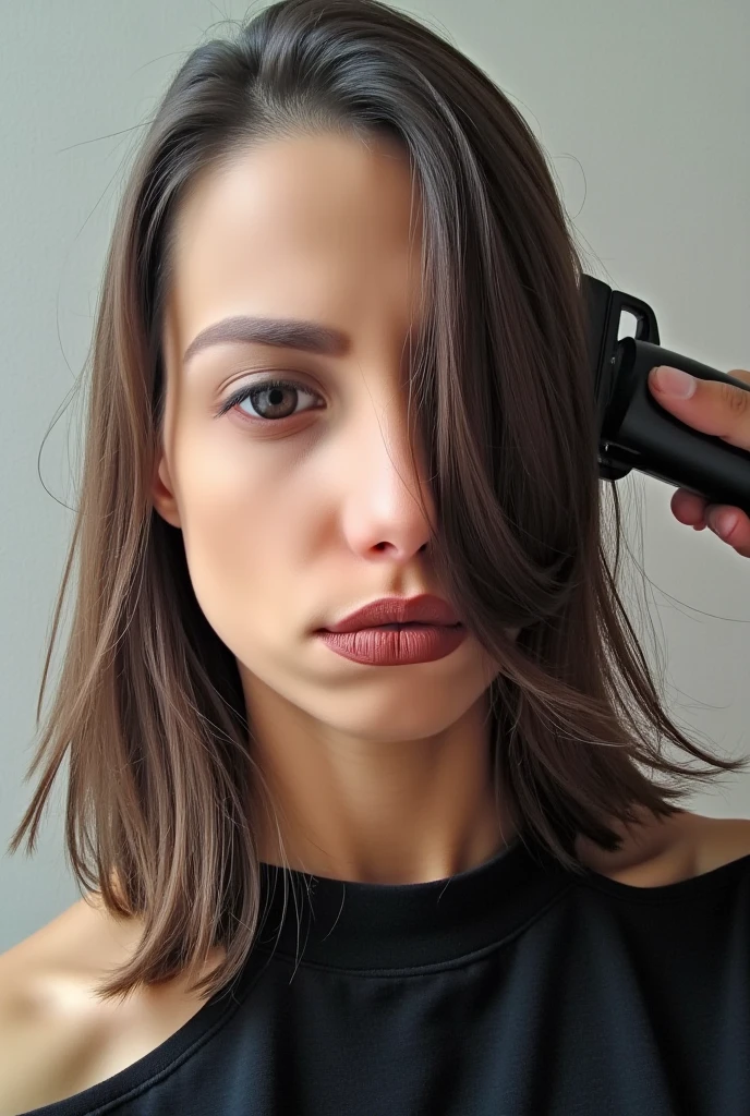 (((Woman top of her head is completely shaved smooth to skin, bald))). (woman Mostly BALD head with Long dark hair on one side). (((One side of her head is completely shaved smooth bald))). (((Cut strands of long dark hair wrapped around her collar and spill to the ground))). (((Hair clipper in her hand is pressed to her head while shaving off her hair, cut hair falls down))). She is dragging the hair clipper from the front to the back along the top of her head. the hair clipper is shaving her hair off to bare scalp, NO HAIR remains))). ((she is facing the viewer)). ((she is looking at the viewer)). Fujicolor, motion blur, cowboy shot, Hasselblad, UHD, masterpiece, high details, highres, best quality, high quality
