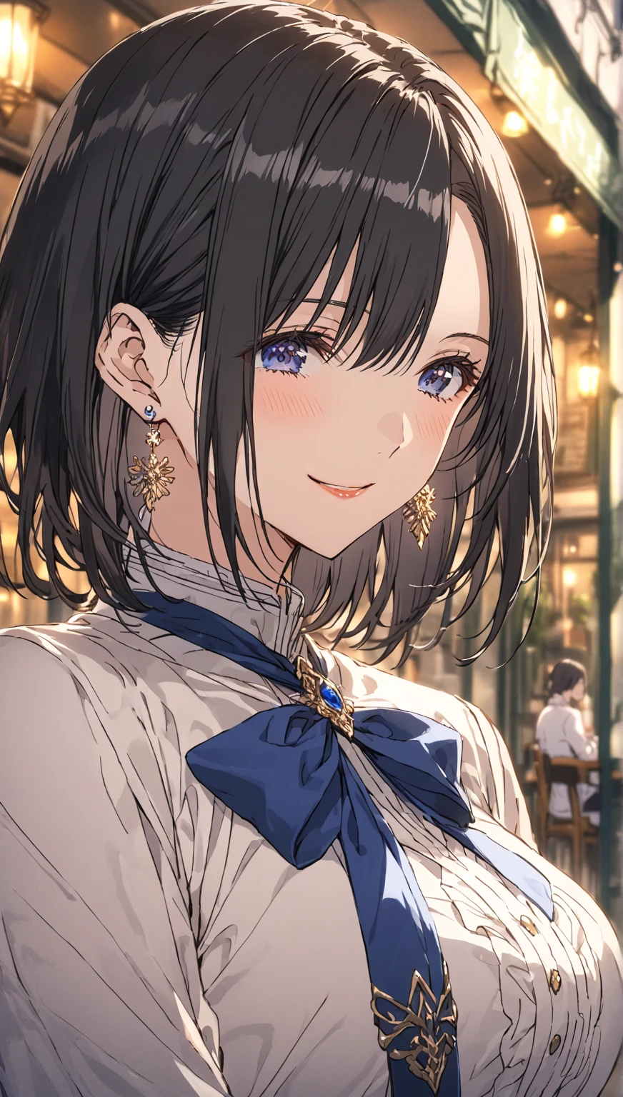 solo, young mature woman, black short hair, blue eyes, mouth close, smile, white shirt, blue bowtie, noble outfit, big breast, small silver earrings, bright light scene, outdoor cafe, outdoor, fantasy ((depth of field, focus))