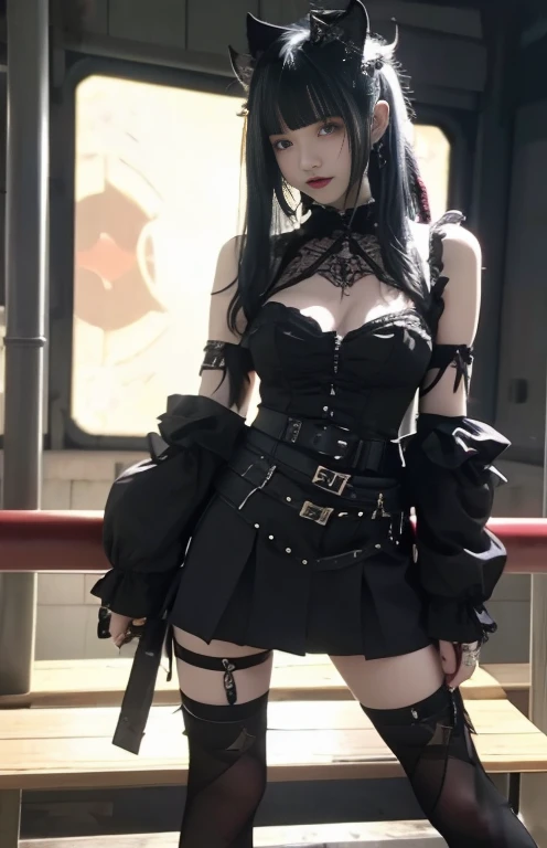 sexy stylish female model, only 1 female, ((doll-like appearance)), long dramatic stylish hair, ((shiny Punk-Style boots)), (smiling face), ultra detailed eyes, Punk makeup, lip-gloss, ((sexy Punk Lolita cosplay)), unconventional skirt, petticoats, high neckline, ((ultra detailed lace)), ((ultra detailed embroidery)), intricate details, tartan patterns, safety pins, Punk Lolita accessoires, Punk Lolita choker, ((large sparkling Punk Lolita jewelry)), cinematic light, detailed large park background with trees