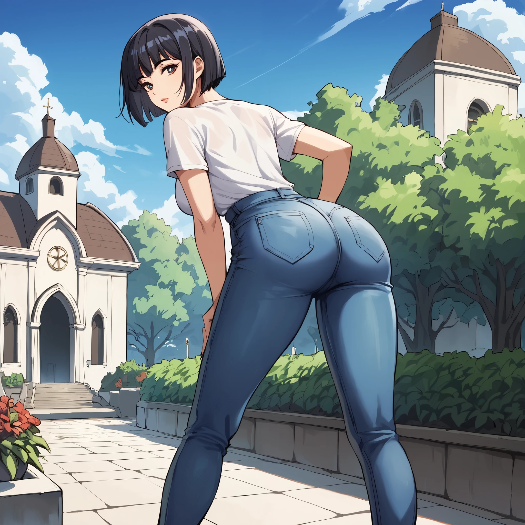 score_9, score_8_up, score_7_up,1girl, ((view from behind)), short girl, (((((fair skin))))), perfect beautiful face, long eyelashes, sharp eyes pupils, dark hair, bob cut hair, long legs, smaii breasts, white t-shirt, blue jeans,  slim waist, massive round ass, (outdoors, day, blue sky, garden, church) / standing, seductive face, look at viewer, ass focus, 80swa