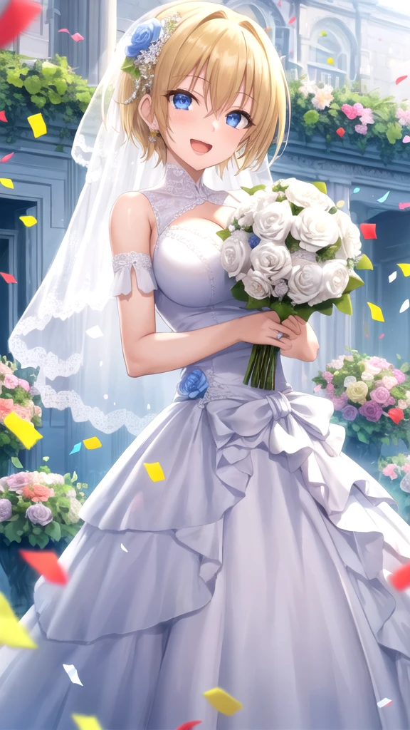 masterpiece, best quality, high quality, girl, solo, looking at viewer, yuuto_kiba, blonde hair, blue eyes, hair between eyes, large breasts, wedding Dress, standing, garden, confetti, holding bouquet, smile, open mouth,