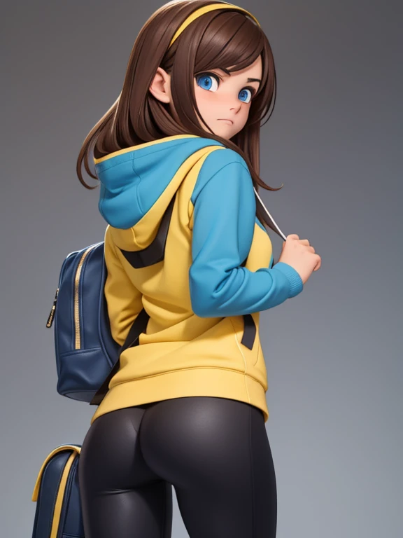 score_9, source_cartoon, 1girl, solo, 20yo woman, college freshman, brown hair, blue eyes, blue hoodie, yellow hornet (symbol) in the middle of the hoodie, Lululemon-branded black leggings, she's carrying a backpack, she's looking from behind, she has a concerned and embarrassed look on her face, blushing, back shot, a good view of her ass, the background is a college campus
