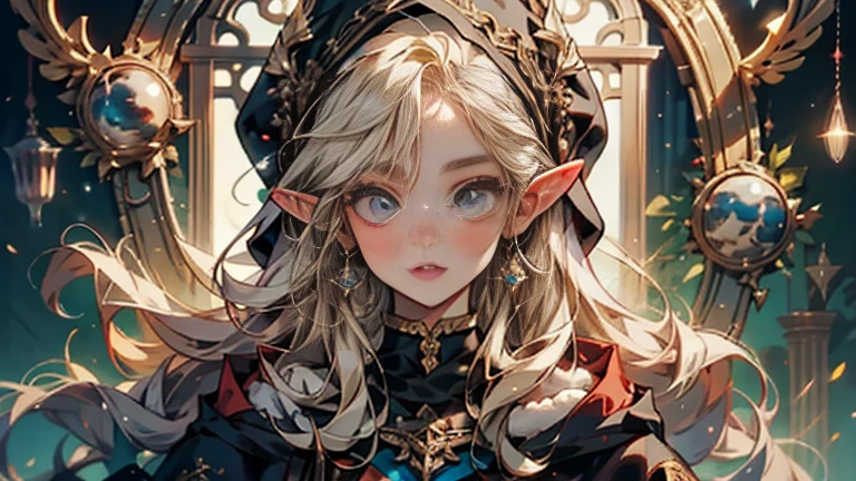 blond woman in a black and gold costume with a hood on, hyperdetailed fantasy character, ornate cosplay, beautiful elf with ornate robes, portrait of a sorceress, portrait of a female mage, beautiful necromancer, beautiful sorceress, a beautiful sorceress, 2. 5 d cgi anime fantasy artwork, beautiful necromancer girl, castle background , winter, Christmas, big breast, shiny skin, young Girl 25 years old