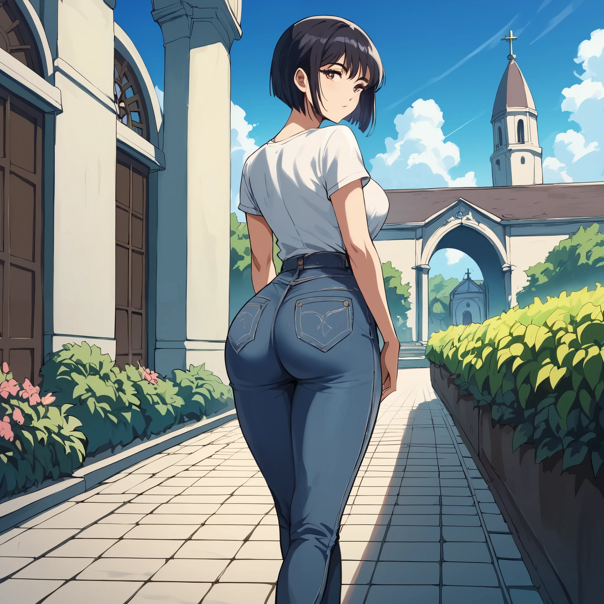 score_9, score_8_up, score_7_up,1girl, ((view from behind)), short girl, (((((fair skin))))), perfect beautiful face, extremely detailed face, long eyelashes, sharp eyes pupils, dark hair, bob cut hair, long legs, smaii breasts, white t-shirt, blue jeans, slim waist, massive round ass, (outdoors, day, blue sky, garden, church) / standing, seductive face, look at viewer, ass focus, 80swa