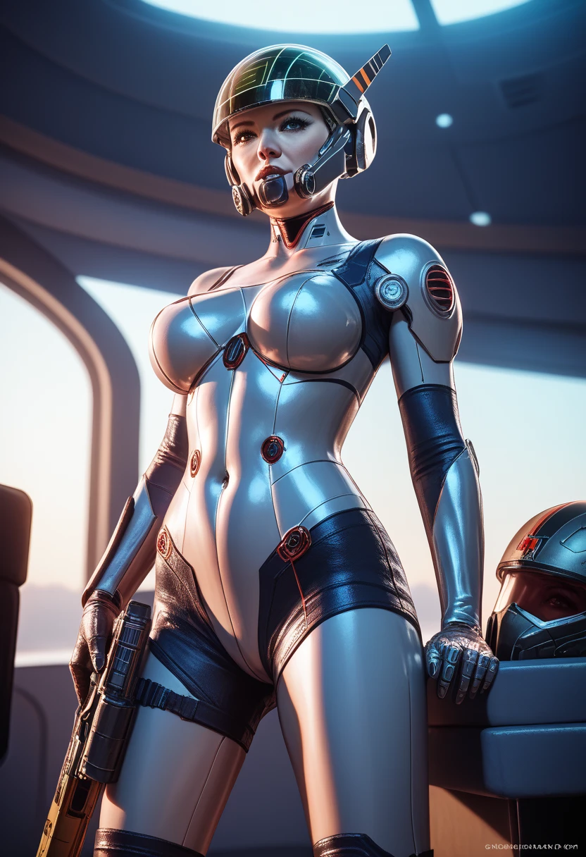 a female astronaut, cyberpunk style, H.R. Giger, inside the spacecraft cabin, super-detailed, 4k resolution, intricate details, cinematic lighting, dark atmosphere, glowing displays, futuristic technology, metallic surfaces, sci-fi elements, dramatic pose, intense expression, photorealistic, masterpiece