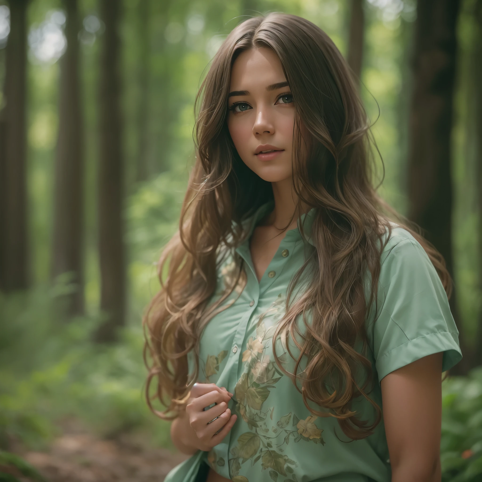 arms at sides, portrait, closeup, looking at camera, best quality, upper body, shirt, woman in forest, EricaCampbell, nikon d850 film stock photograph 4 kodak 400 camera f1.6 lens rich colors hyper realistic lifelike texture natural lighting trending on artstation cinestill 800, (100mm lens), , long hair