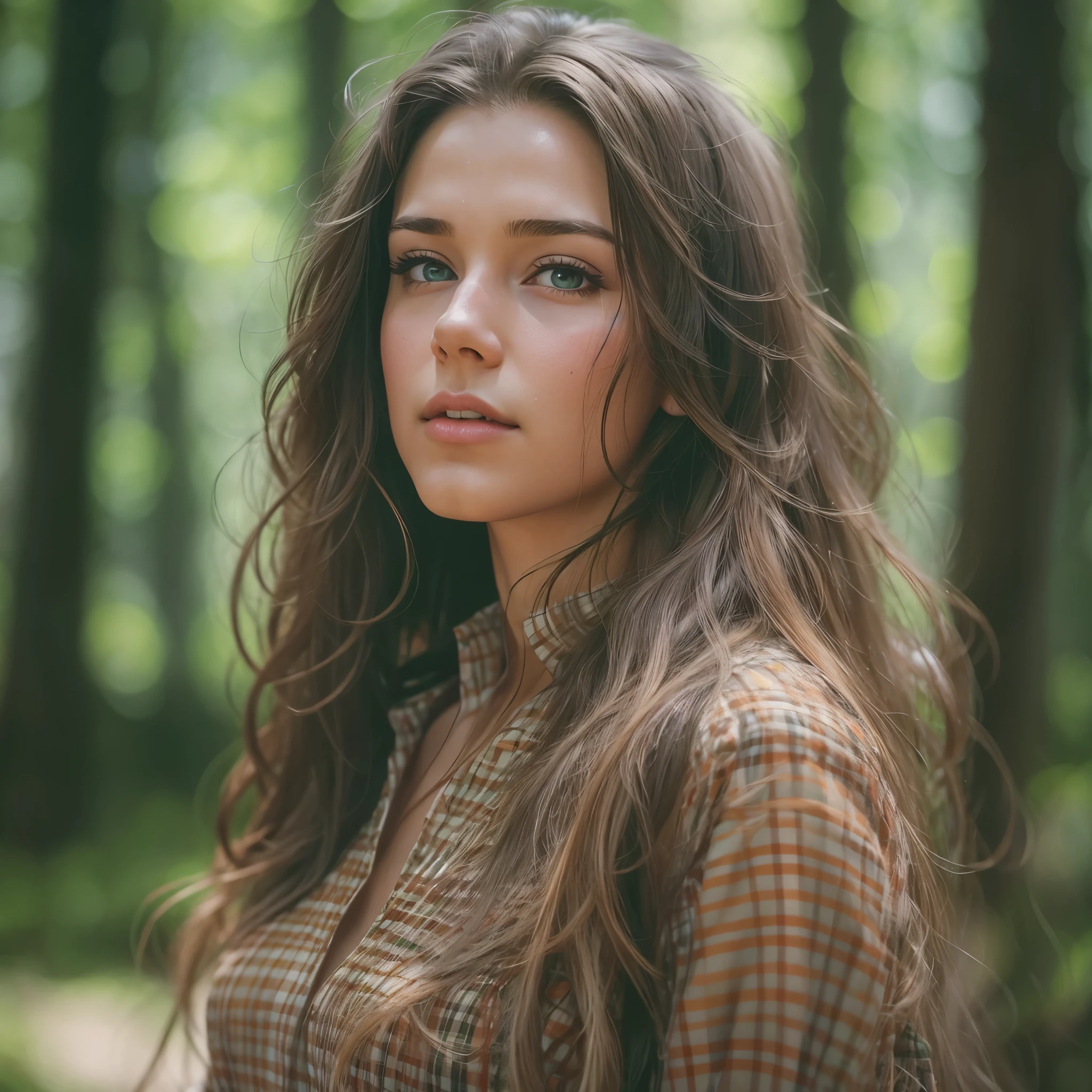 arms at sides, portrait, closeup, looking at camera, best quality, upper body, shirt, woman in forest, EricaCampbell, nikon d850 film stock photograph 4 kodak 400 camera f1.6 lens rich colors hyper realistic lifelike texture natural lighting trending on artstation cinestill 800, (100mm lens), , long hair