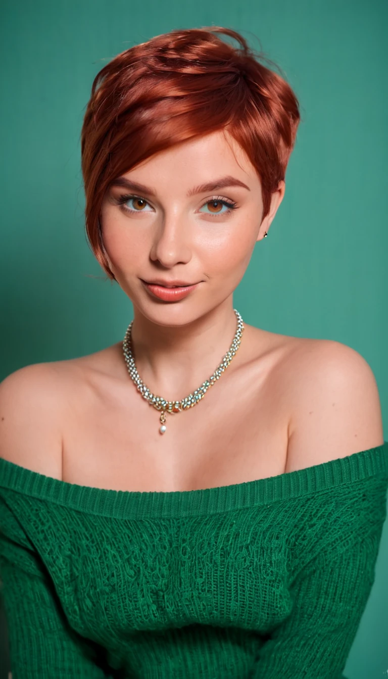 sexy Woman, 25 years old, whole body, curvy, red hair, pixie cut hair, (wrinkled forhead), ((eyes brown-green)), rounded chin, fleshy lips, aquilin nose, Only, colossale , looking at the viewer, bare shoulders,  jewelry, necklace, off shoulder, sweater, realistic, flirting with camera
		
		