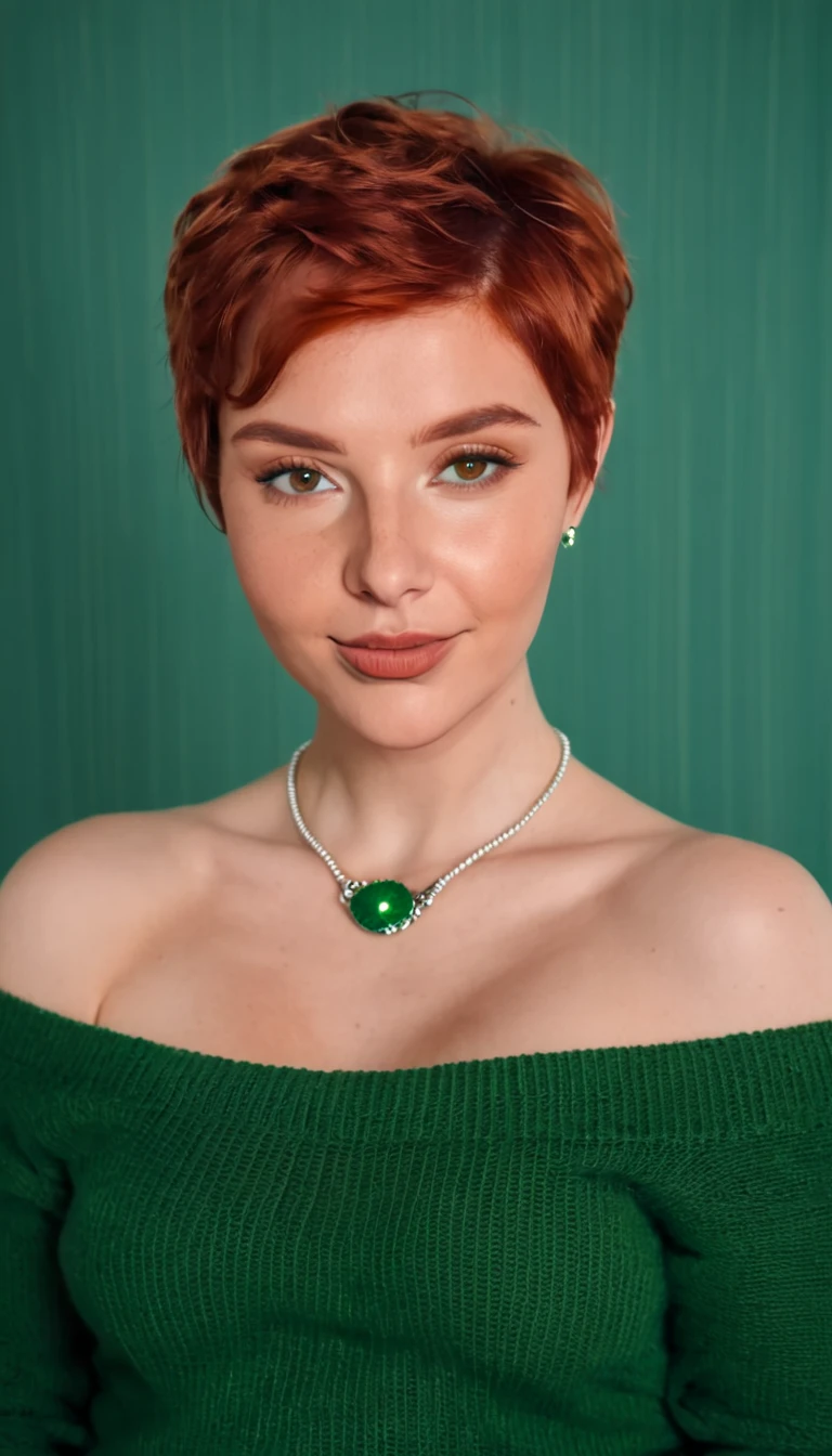 sexy Woman, 25 years old, whole body, curvy, red hair, pixie cut hair, (wrinkled forhead), ((eyes brown-green)), rounded chin, fleshy lips, aquilin nose, Only, colossale , looking at the viewer, bare shoulders,  jewelry, necklace, off shoulder, sweater, realistic, flirting with camera
		
		