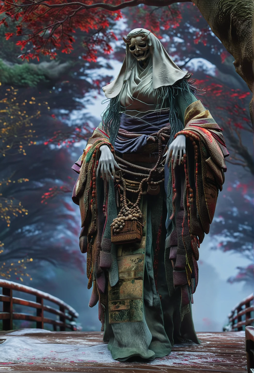 A photorealistic and haunting depiction of a Hone-Onna (Bone Woman) from Japanese folklore, with slightly enhanced and vibrant colors that remain subtle and natural. The figure appears skeletal yet ethereal, with visible bone structures under a pale, translucent skin, draped in a weathered, authentic silk kimono. Her hair is long, black, and slightly damp, cascading down her back, with a chilling, lifelike quality. The setting is a misty, moonlit forest path with subtle traditional Japanese houses in the far background, rendered with photorealistic textures. The colors of the kimono, forest, and moonlight are slightly more vivid to create a balanced, captivating visual effect without overshadowing the eerie, supernatural ambiance. The image is vertically oriented, ensuring the head is positioned at the top for a lifelike and dramatic effect.