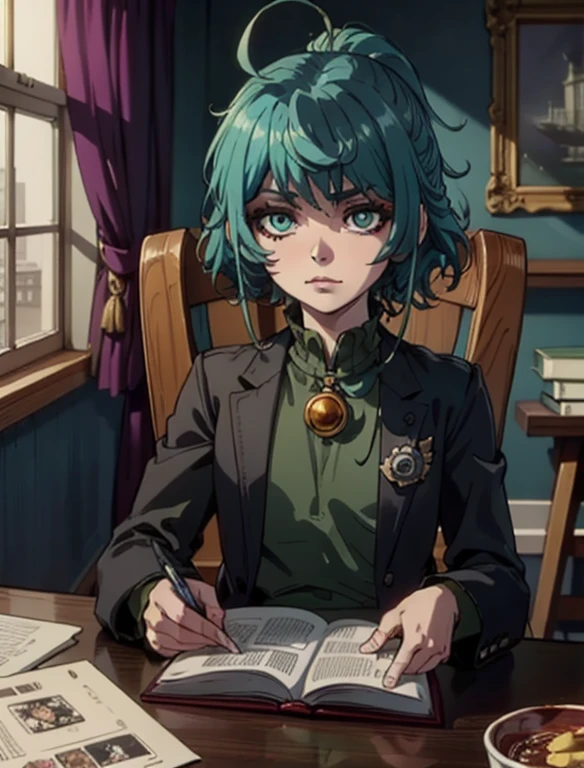 Killjoy is sitting at the desk reading a book, (Art board:1.2, Best quality:1.2, Beautiful,  high quality ,  highres icon:1.1, Aesthetic ),  detailed , extremely  detailed ,  soft light , 4K,  perfect eyes , Perfect face,  Perfect lighting ,