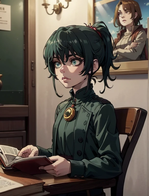 Killjoy is sitting at the desk reading a book, (Art board:1.2, Best quality:1.2, Beautiful,  high quality ,  highres icon:1.1, Aesthetic ),  detailed , extremely  detailed ,  soft light , 4K,  perfect eyes , Perfect face,  Perfect lighting ,