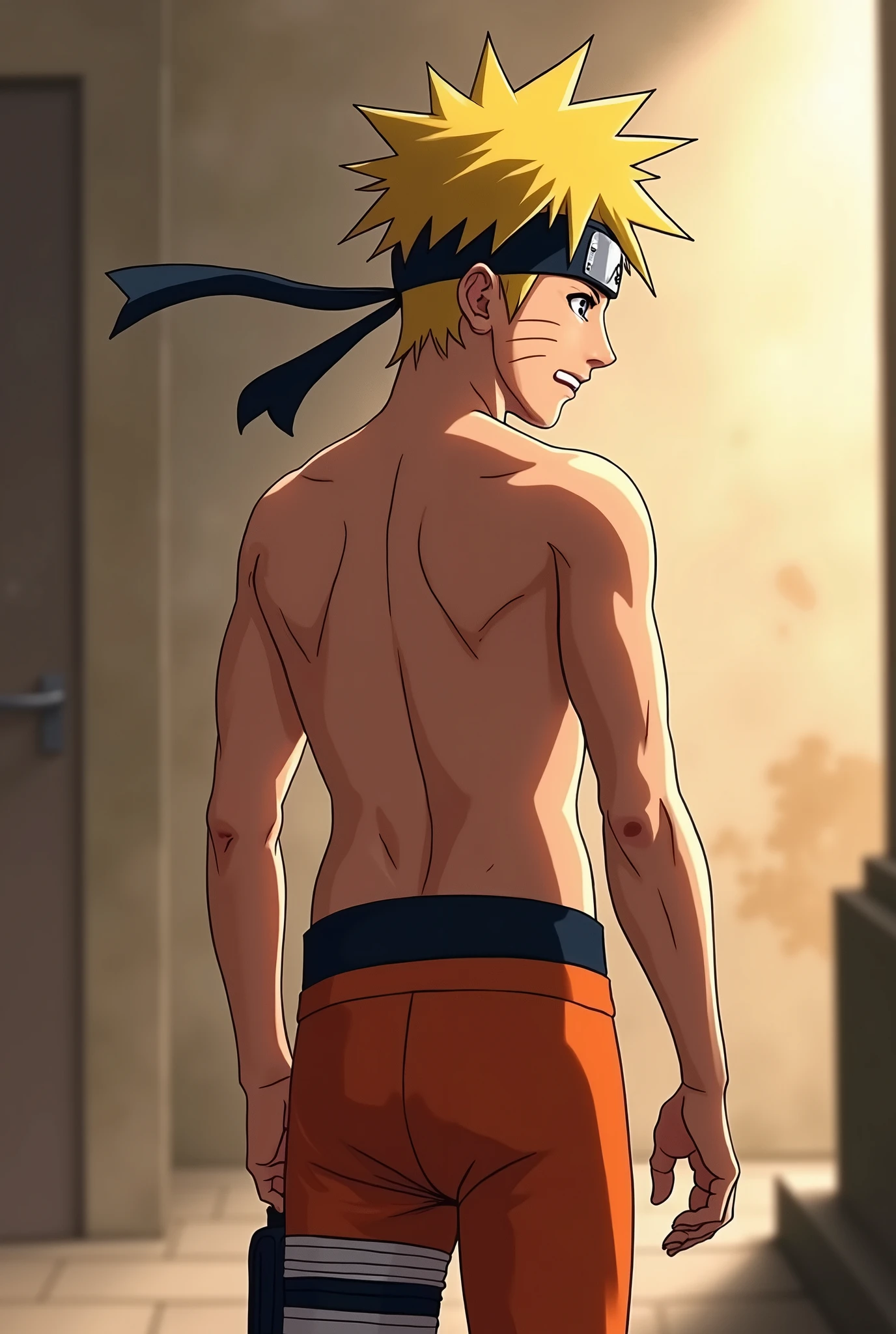 Naruto Uzumaki, one anime boy, body, from behind, turning his head to look at the viewer, he is bending over a classroom table, bending over, looking over his shoulder, looking back, expressive eyes, he has a naruto headband on his head, realistic body, perfect body, muscular, skinny