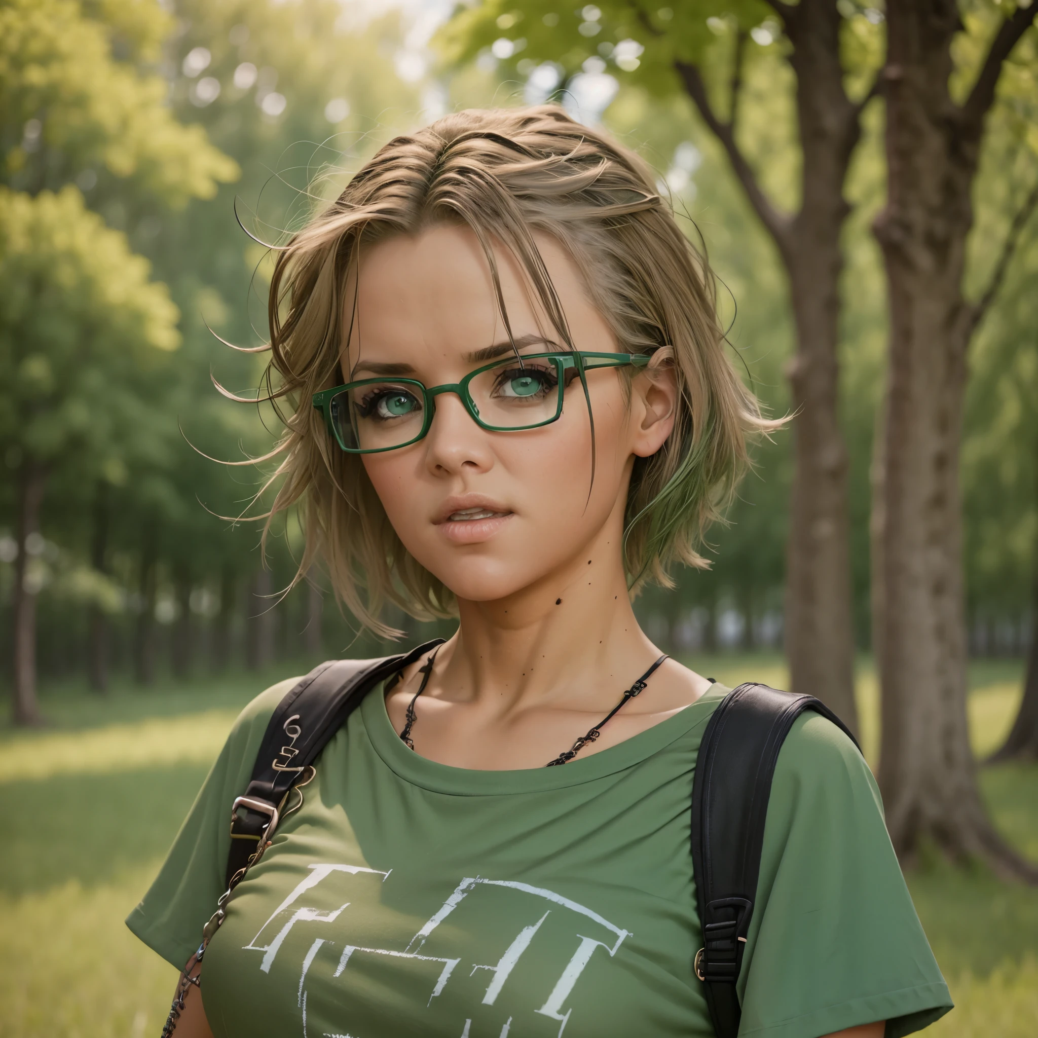 punk girl wearing glasses and a dark shirt, blurred green grass and trees in the background, short brown hair, detailed face, high quality, high resolution