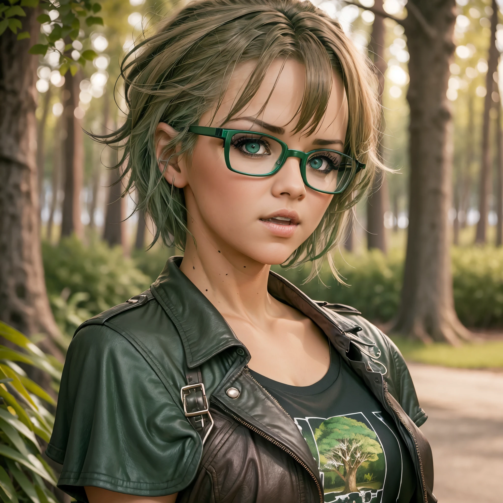 punk girl wearing glasses and a dark shirt, blurred green grass and trees in the background, short brown hair, detailed face, high quality, high resolution