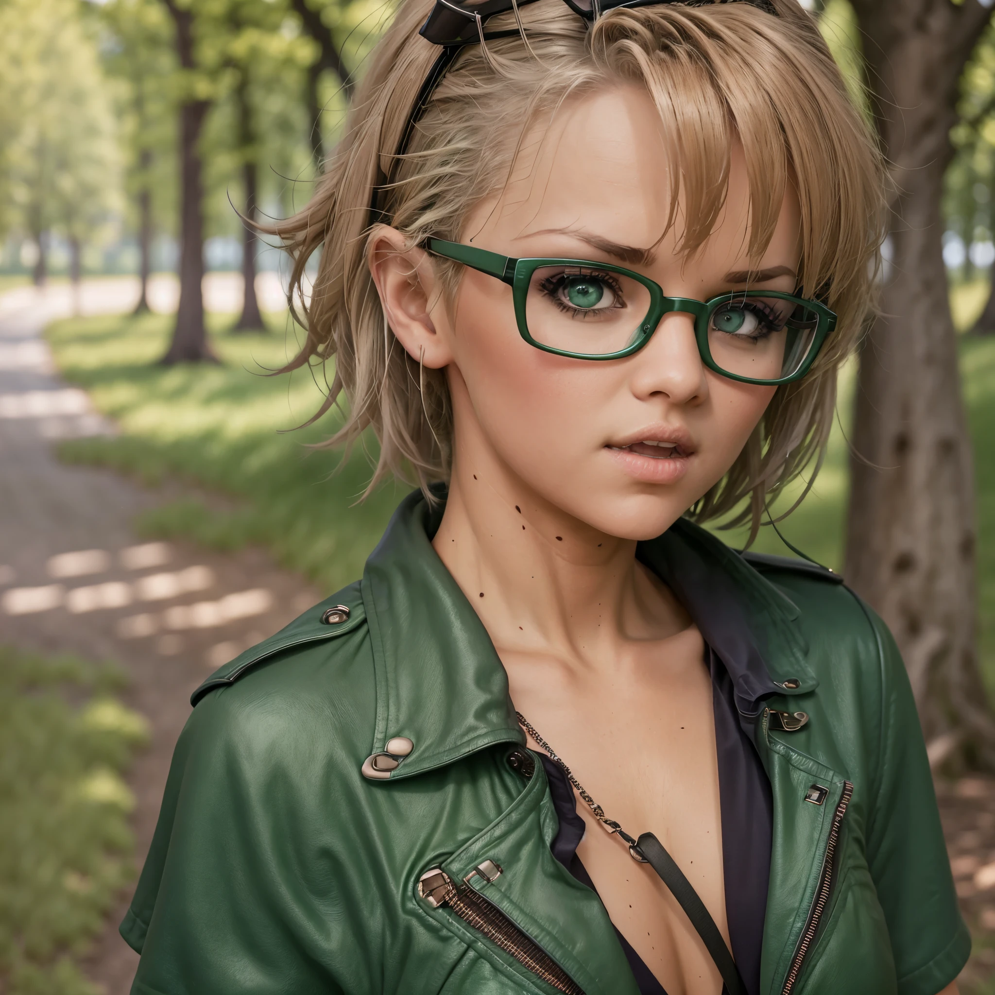 punk girl wearing glasses and a dark shirt, blurred green grass and trees in the background, short brown hair, detailed face, high quality, high resolution