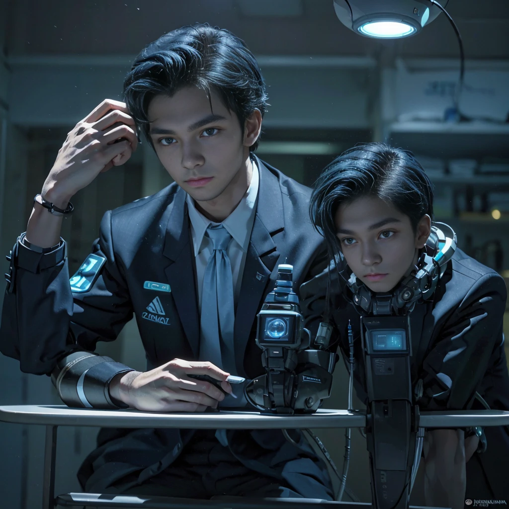  A Brazilian guy in a futuristic mechanical office  , wearing black office uniform,  black hair with small light blue highlights, pele morena,  robotic accessories details in his design ,  with a pose would be leaning on a table ,  showing his natural charm and frigid personality .