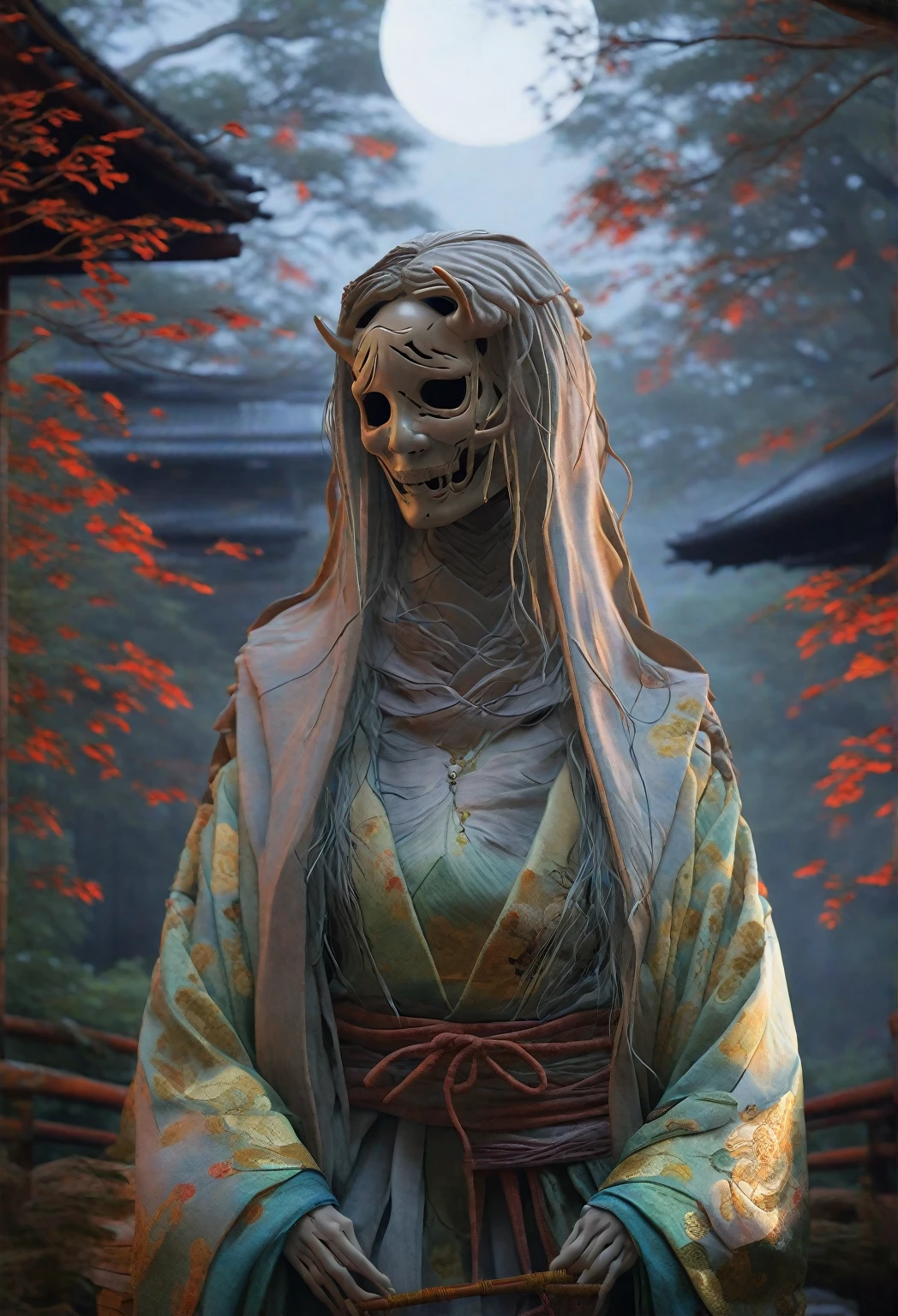 A photorealistic and haunting depiction of a Hone-Onna (Bone Woman) from Japanese folklore, with slightly enhanced and vibrant colors that remain subtle and natural. The figure appears skeletal yet ethereal, with visible bone structures under a pale, translucent skin, draped in a weathered, authentic silk kimono. Her hair is long, black, and slightly damp, cascading down her back, with a chilling, lifelike quality. The setting is a misty, moonlit forest path with subtle traditional Japanese houses in the far background, rendered with photorealistic textures. The colors of the kimono, forest, and moonlight are slightly more vivid to create a balanced, captivating visual effect without overshadowing the eerie, supernatural ambiance. The image is vertically oriented, ensuring the head is positioned at the top for a lifelike and dramatic effect.