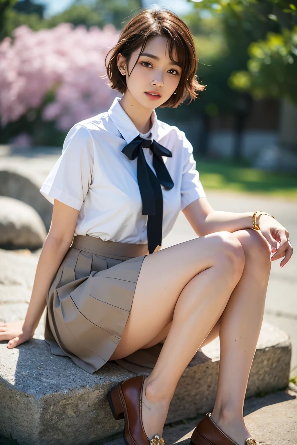 (8K, highest quality, masterpiece: 1.2), (realistic, photorealistic: 1.2), sitting, (panty shot)))), (spread your legs)))), alone, beautiful definition sky, night, Wet, looking at the viewer, (sit: 1.5), date, future, (nose brush), smile, big breasts, fine and beautiful eyes,), (dark blonde: 1), (short hair :1.1), panty shot, spread your legs, skirt, , lace panties, socks, black hair, shirt, blurry, blurry background, knee high, 白のshirt, loafers, realistic, long hair, lips, brown eyes, 黒のsocks, tie, プリーツskirt, bow, headrest, Landscape, outdoor, brown footwear, masterpiece, highest quality, super detailed, ((((panty shot))), (((spread your legs))),