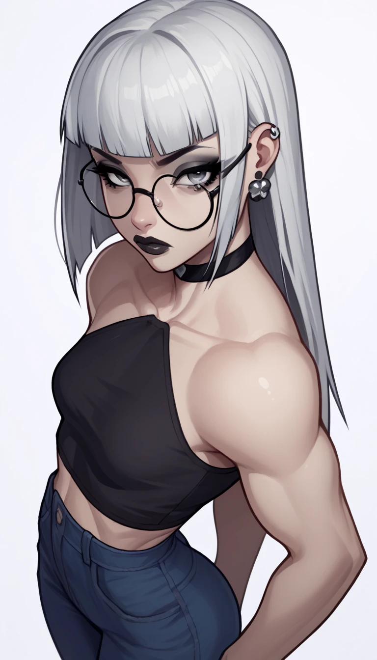 (zPDXL2), (PonyXLV6_Scores), source_anime, Expressiveh, BREAK
Inhata4564, 
1girl, white hair, hime-cut hair, straight hair, long hair, grey eyes, thick lips, small, long eyelashes, half-closed eyes, black-framed eyewear, round eyewear, black choker, blunt bangs, adult, black eyeliner, ear piercing, black lips, grey eyeshadow, looking at viewer,
BREAK
solo, standing, small breast, adult, skinny, from above, arched back, thigh gap, black top, blue jeans,
BREAK
(white background:1.2), simple background, dynamic pose, dynamic angle, angled shot, 