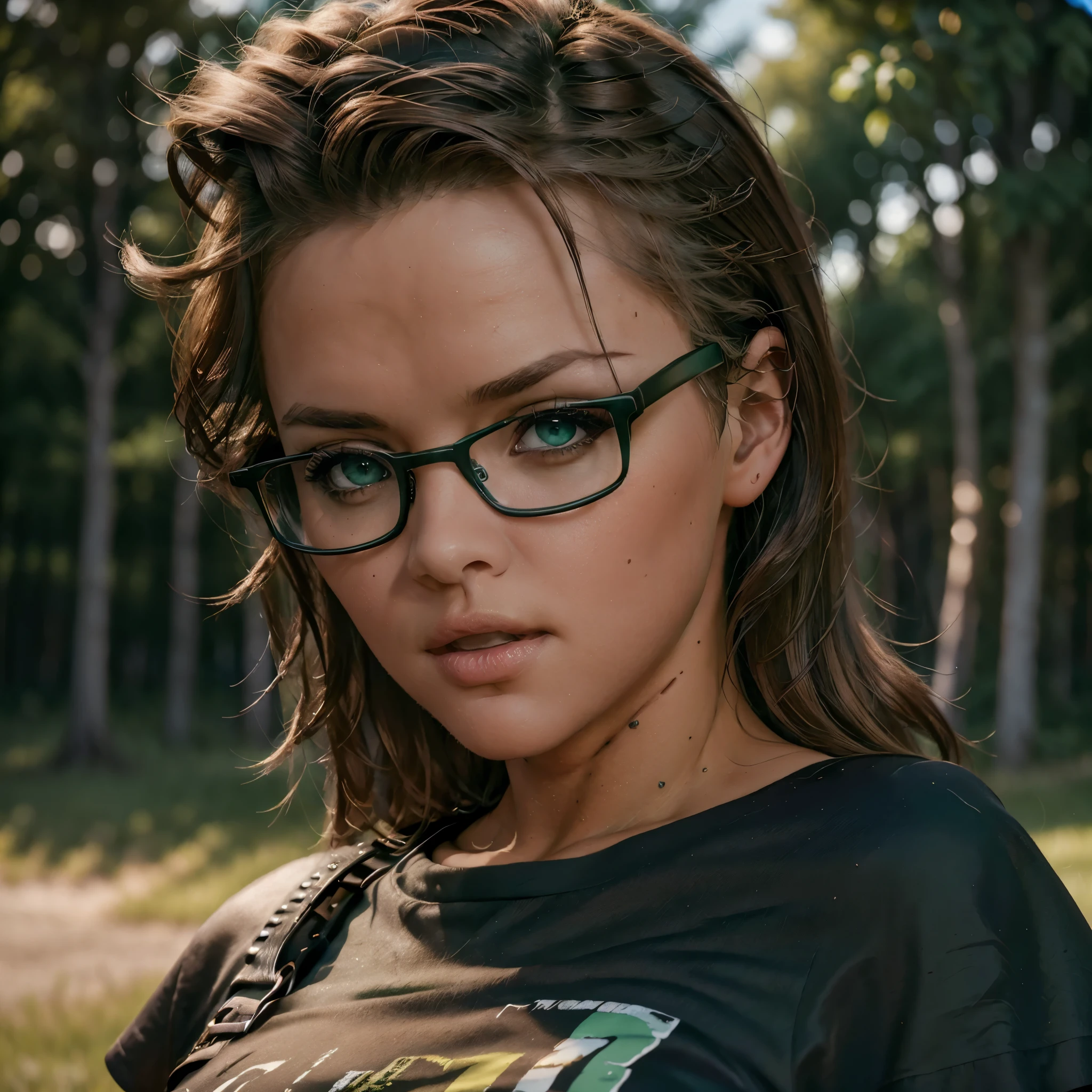 A punk girl wearing glasses and a dark shirt, blurred green grass and trees in the background, short brown hair, detailed face, (best quality,4k,8k,highres,masterpiece:1.2),ultra-detailed,(realistic,photorealistic,photo-realistic:1.37),portrait,studio lighting,vivid colors,dramatic lighting