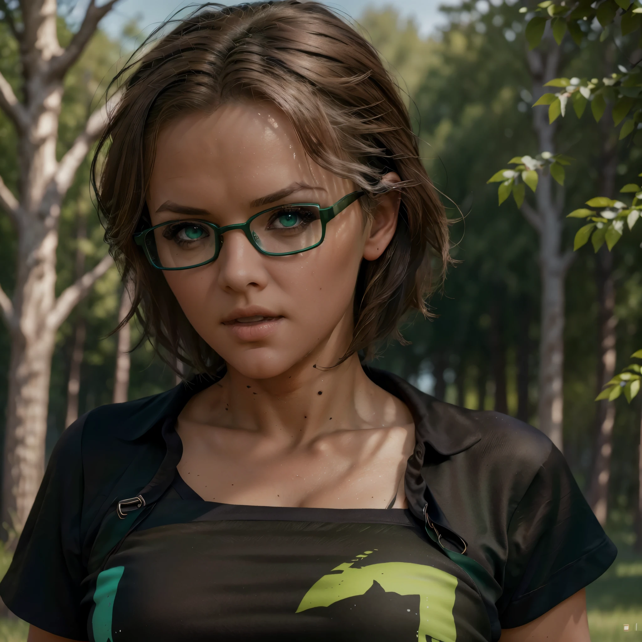 A punk girl wearing glasses and a dark shirt, blurred green grass and trees in the background, short brown hair, detailed face, (best quality,4k,8k,highres,masterpiece:1.2),ultra-detailed,(realistic,photorealistic,photo-realistic:1.37),portrait,studio lighting,vivid colors,dramatic lighting