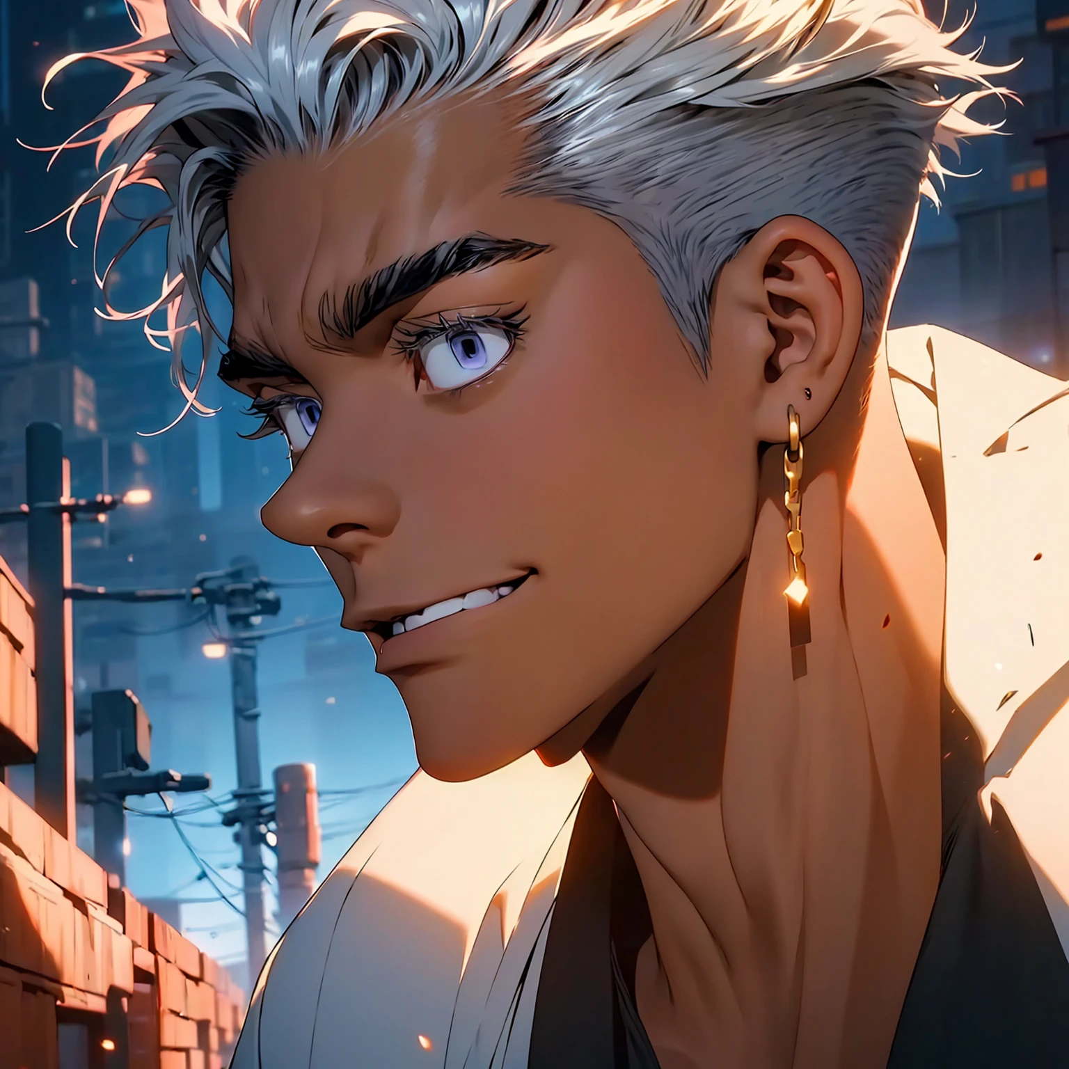 highest quality, 8K, high resolution image, anime style Jujutsu Kaisen, detailed strokes, slightly tanned skin, blurry, smile, purple light reflecting from it, (close angle), 1 man, young, male, model, cool guy, muscular, blue Eyes, light blue hair very short hair, white hair, short hair, hairstyle: undercut, hair slicked back, swollen chest, he is wearing a Black & White hoodie without a hat, Naked torso, and sweatpants, One hand in the pants pocket and the other straight down, swordsman pose, gold link chain, background: city, Tokyo, business district, he is a swordsman