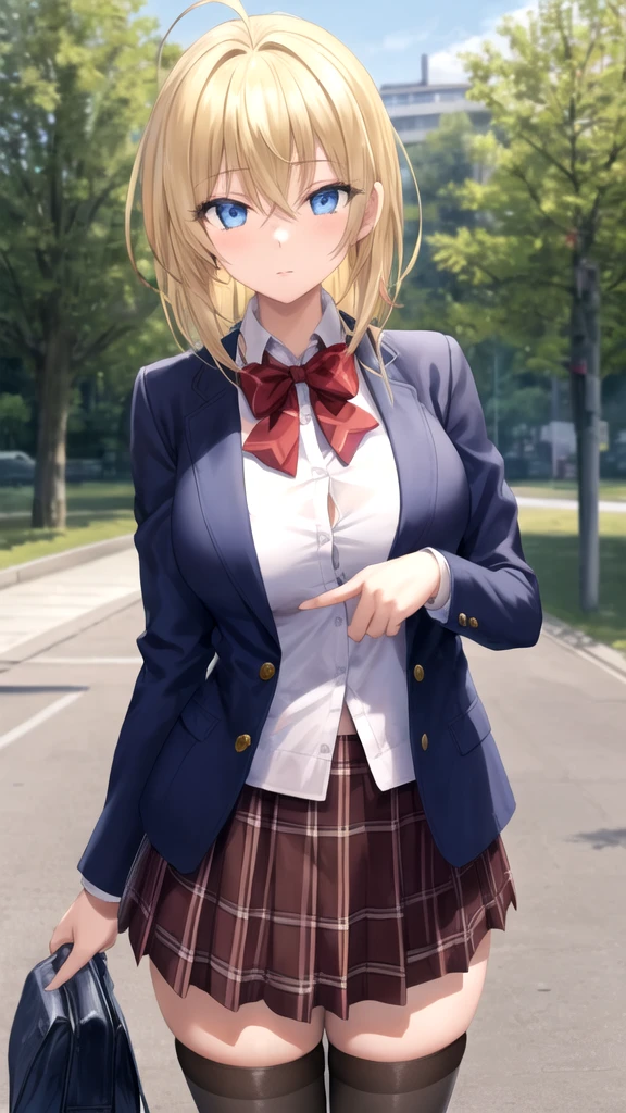 masterpiece, best quality, high quality, girl, solo, looking at viewer, yuuto_kiba, blonde hair, blue eyes, hair between eyes, large breasts, Red bow, striped bow, blazer, blue jacket, long sleeves, plaid skirt, brown skirt, black thighhighs, outdoors, cowboy shot, standing, looking at viewer,