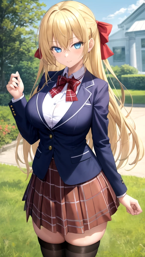 masterpiece, best quality, high quality, girl, solo, looking at viewer, yuuto_kiba, blonde hair, blue eyes, hair between eyes, large breasts, Red bow, striped bow, blazer, blue jacket, long sleeves, plaid skirt, brown skirt, black thighhighs, outdoors, cowboy shot, standing, looking at viewer,