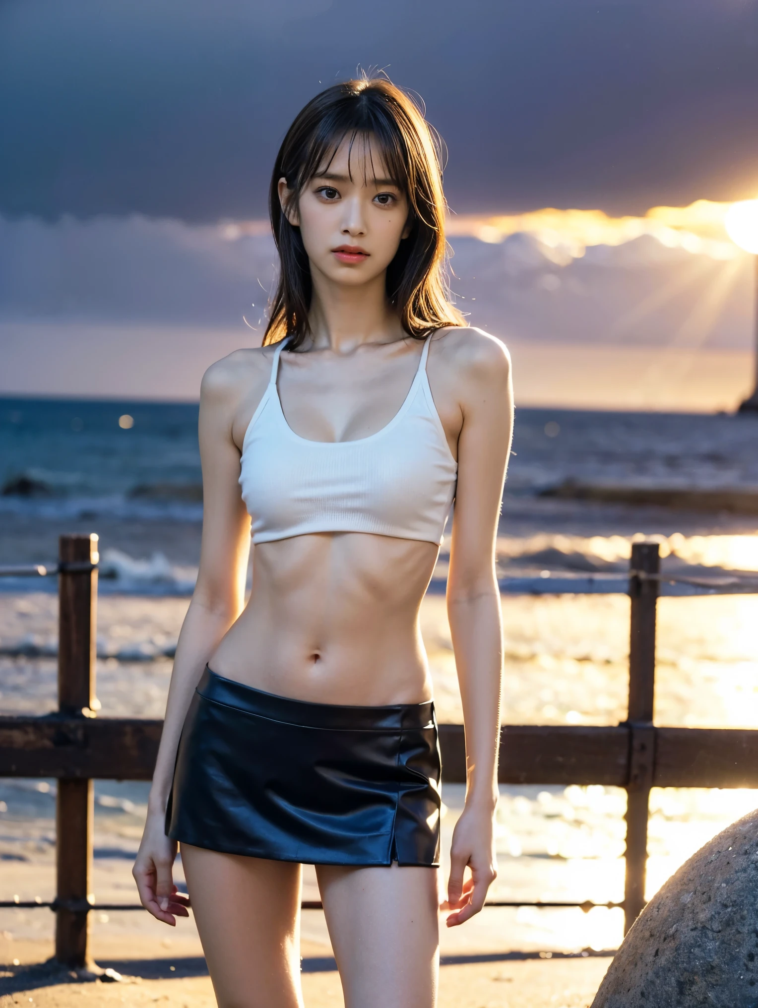 (( 1 girl)), woman, masterpiece, top quality, top quality, cinematic lighting, (Volumetric Lighting), very detailed CG unity 8k wallpaper, Concentrated, 8k wallpaper, very detailed , super real , photorealistic , sharp concentration, absurd, ( high definition :1.2), ( High Contrast), unvolume photos , Detailed and complex, Instagram , Portraits, high definition, DIGITAL PAINTING , Art Station , concept art , smooth, sharp concentration, Illustration, cinematic lighting, ( Big Breasts :1.3), ((( skinny, Thin legs))), ( Japanese Idol Poses), ( short tank top, sexy miniskirt , open shoulders , open chest , clevis on a stone), viewers who stop at the edge, ((Indian Pose)), (( Medium Body Shot, Hip Level Shot )), long hair, (( sunset beach)), beautiful eyes