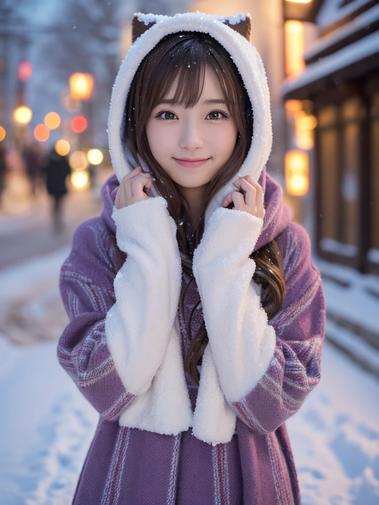 (Winter date ), ((cute idol costume for a very cold day:1.4)), View the viewers, Japanese female university student, ( one woman:1.2),  she's so beautiful ,  pubic skin,  perfect face,  cute and symmetrical face with water up to the chest,  light brown hair ,  Medium Hair ,  wavy hair ,  hair gathered together in purple fabric, makeup, Beautiful Hair,  beautiful face,  Beautiful Attention to Details,  Beautiful Fingers , (On a snowy street corner), (Cute Smile), With open arms, ( realistic ,  as real as in the picture :1.4),  very detailed,  shallow depth of field ,  perfect anatomy, Perfect limbs, perfect hand,  perfect eyes,  Perfect Body , smile,  double eyelids , ( Natural Lighting ,  movie lights),