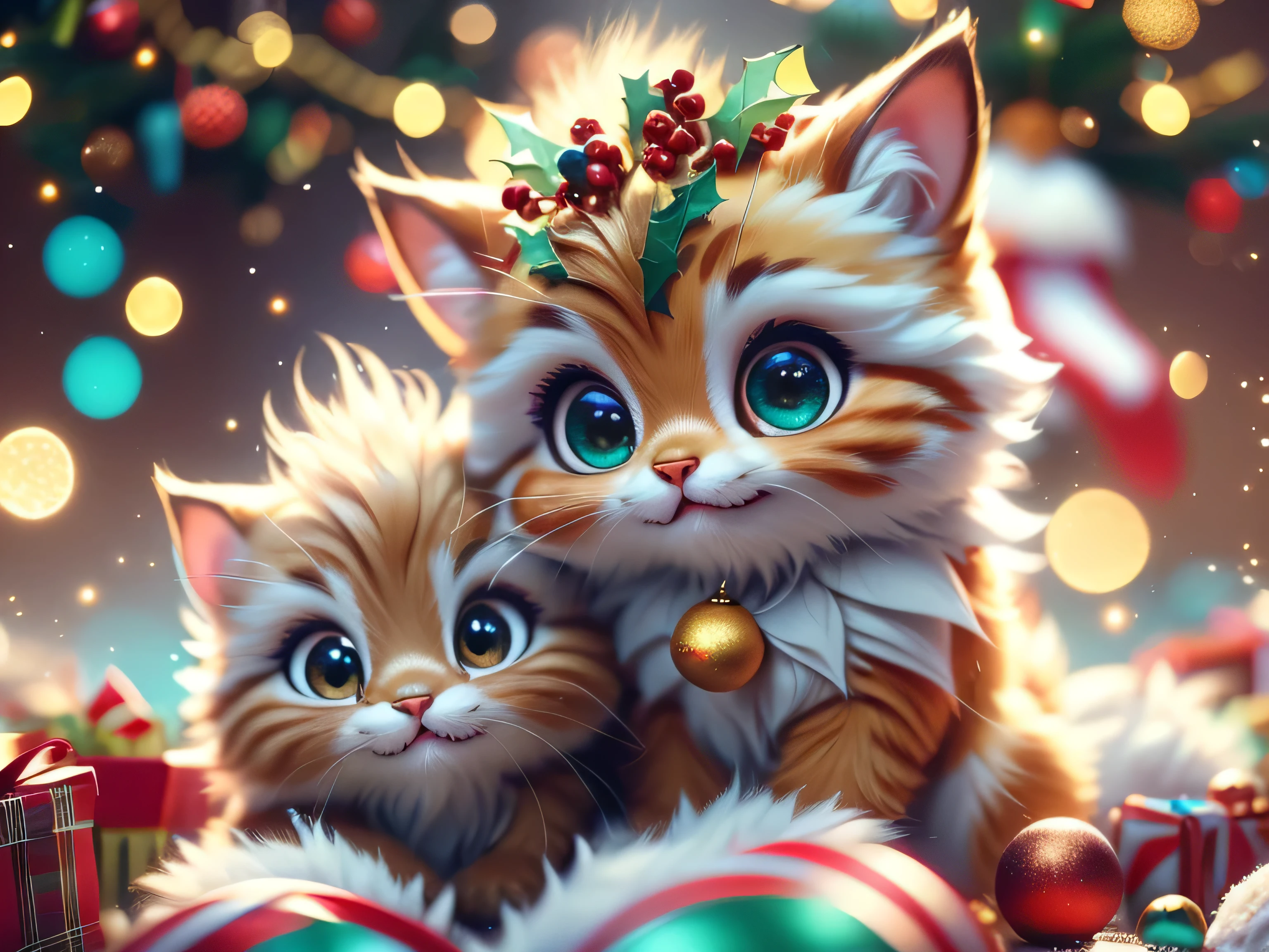 Magical Fantasy Creature (Best Quality, Masterpiece, Representative Work, Official Art, Professional, Super Detail, 8k:1.3), (Photorealism:1.2) A very cute cat, Big Eyes, Soft, Soft Nose, Fluffy, Two-Toothed Smile, nestles in a Christmas gift box. The cat should be clearly visible, his fluffy fur and playful gaze peeking out from under the brightly colored lid of the box. Around the box, arrange colorful festive wrapping paper with snowflake and tree patterns. In the background, add a beautifully decorated Christmas tree with twinkling lights and shiny ornaments. Include festive elements such as garlands, laid out presents, and snowflakes falling from the sky. Create a warm and cozy atmosphere that reflects the joy and magic of the Christmas season. Aurorastyle, Highly detailed Dynamic shot, high quality, beautiful masterpiece, fantasy creature, kawaii, digital art, glowing sparkles, Realistic, Beautiful, Stars in Eyes, Soft Volumetric Light, (Backlight:1.3), (Cinematic:1.2), Intricate Details, (ArtStation:1.3), --auto --s2